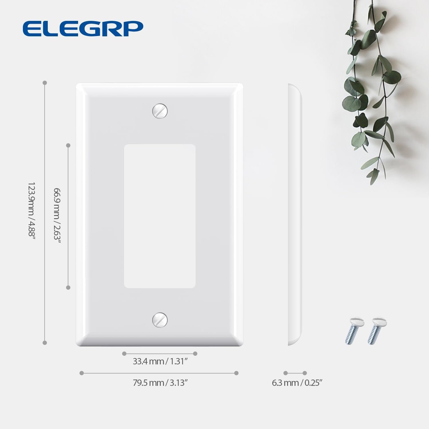 ELEGRP Decorative Receptacle Wall Plate, 1-Gang Mid Size Decorator Covers, Unbreakable Polycarbonate Faceplates for Decorator Device, UL Listed, Screws Included (5 Pack, Glossy White)