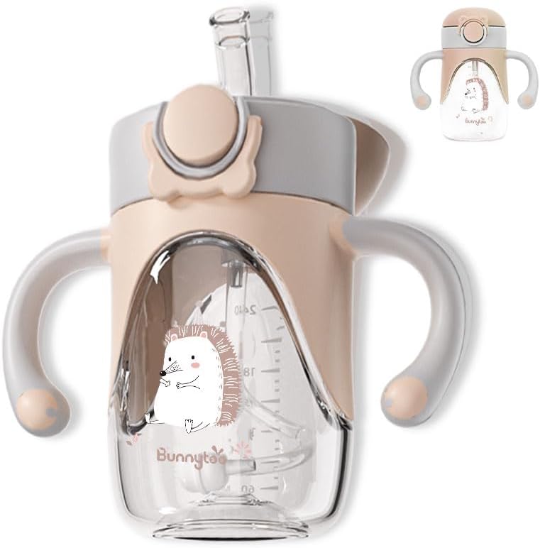 Bunnytoo Baby Sippy Cup with Weighted Straw for Infants 6-12 Months, 8oz Toddler Drinking with Handles, BPA-Free, Transition Trainer for 1+ Year Old (Apricot)
