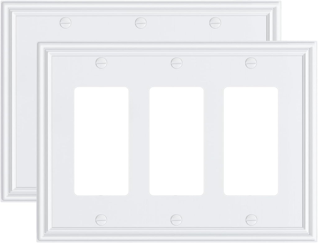 2-Pack Decorative Tripple Decorator Outlet Cover Plate, Durable Zinc Alloy Pure White Wall Plates for Electrical Outlets, Receptacle, GFCI Outlet, Dimmer Switch, 3-Gang, Corrosion Resistant