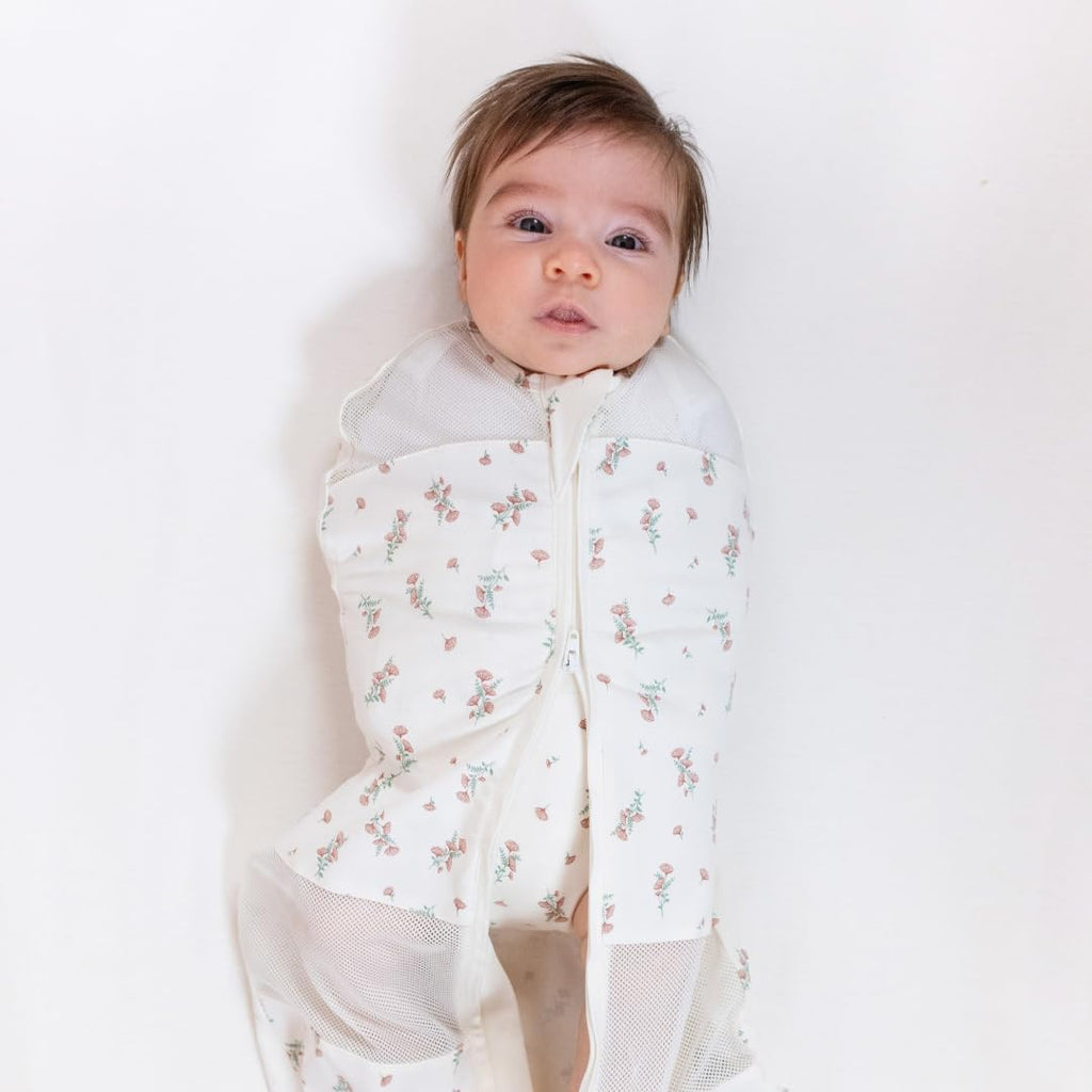 Happiest Baby Sleepea 5-Second Swaddle - 100% Organic Cotton Baby Swaddle Blanket - Doctor Designed Promotes Healthy Hip Development (Ivory Wildflowers, Medium)