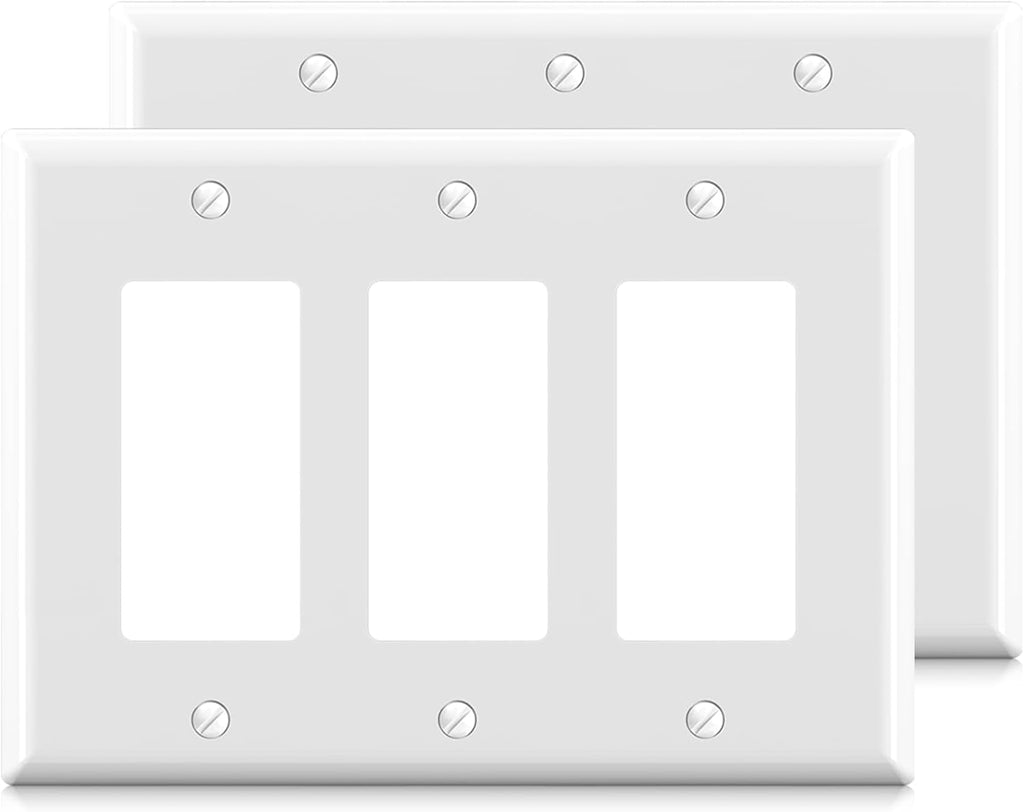 ELEGRP 3-Gang Decorative Wall Plates, Mid-Size 4.88" H x 6.75" L Unbreakable Thermoplastic Faceplate Cover for Decorator Receptacle Outlet Switch, UL Listed (2 Pack, Glossy White)