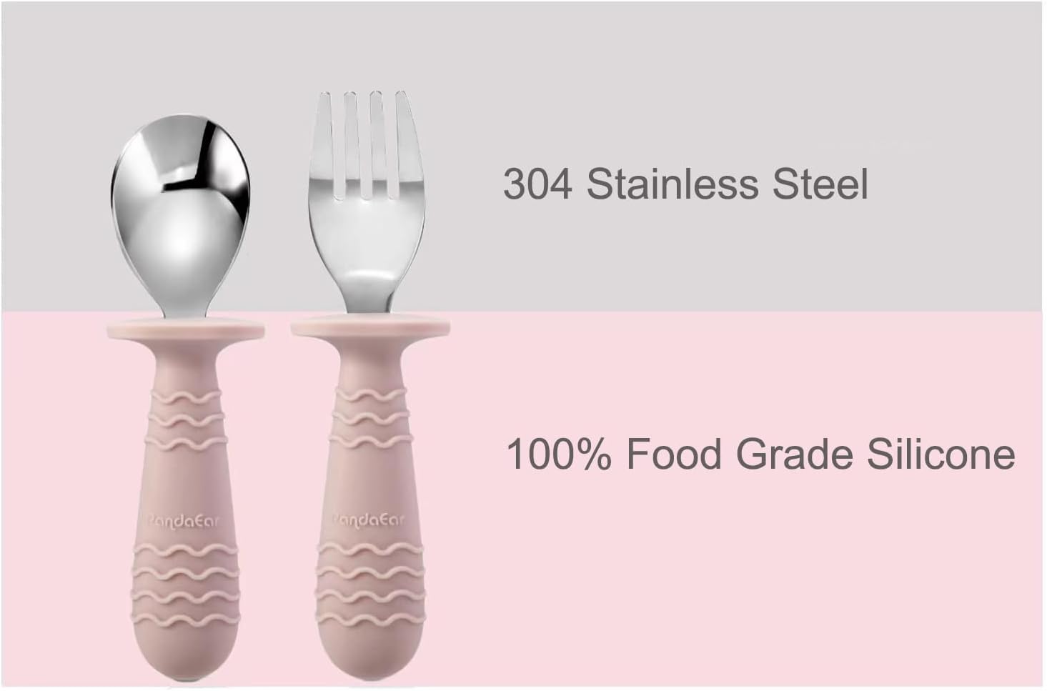 PandaEar 4 Set Baby Toddler Silicone Stainless Steel Utensils Silverware Spoon Fork for Baby Toddler BPA Free with Silicone Holding Anti-Choke Design (Pink&Grey)