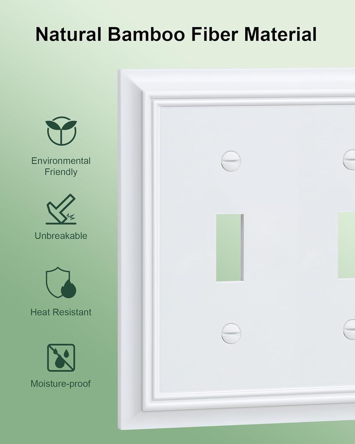 2-Pack Double Toggle Light Switch Cover Plate, Durable Natural Bamboo Fiber Decorative Switch Plate Covers, Pure White 2 Gang Wall Plate, Corrosion Resistant