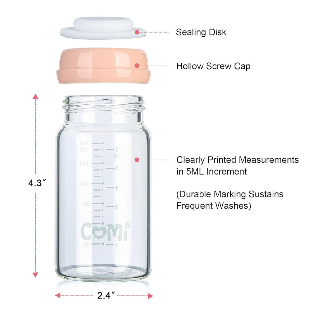 COMI Wide Neck Glass Breastmilk Collection n Storage Bottle, 6oz with Screw Ring Sealing Disk; Re-markable Sealing Disc. BPA Free, Fits Breast Pumps & Nipples (Pink Lids)
