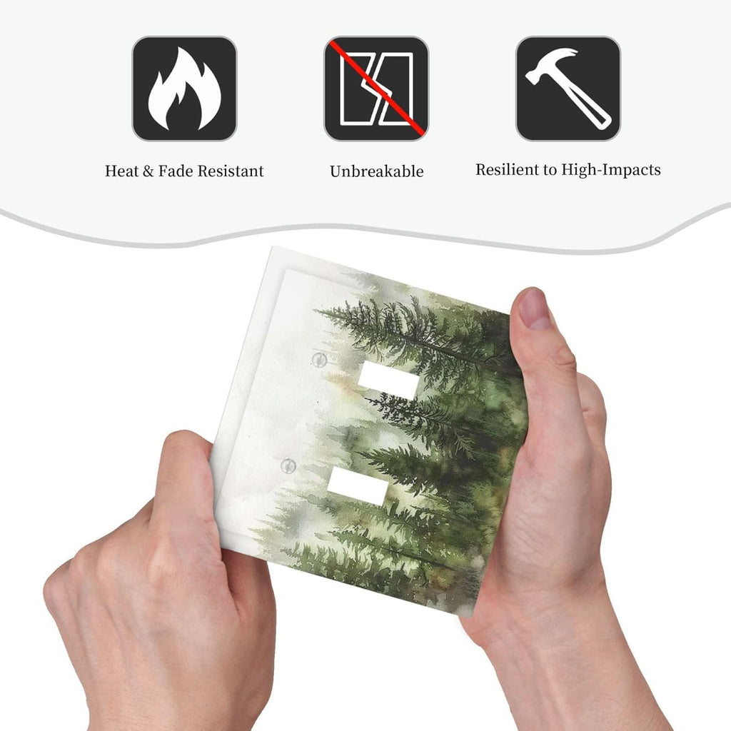 Decorative Switch Plates Green Forest Watercolor Painting Foggy Pine 2 Gang Double Toggle Outlet Light Switch Cover Wall Plate Electrical Faceplate for Bedroom living Room Decor