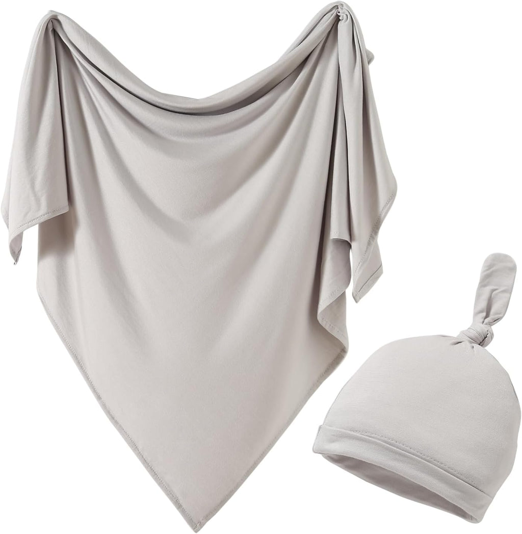 iEvolve Cotton Knitted Baby Swaddle Blanket with Hat Headband Set Newborn Swaddle Wrap Receiving Blankets for Baby Girl Boy 45" x 45"(Grey)