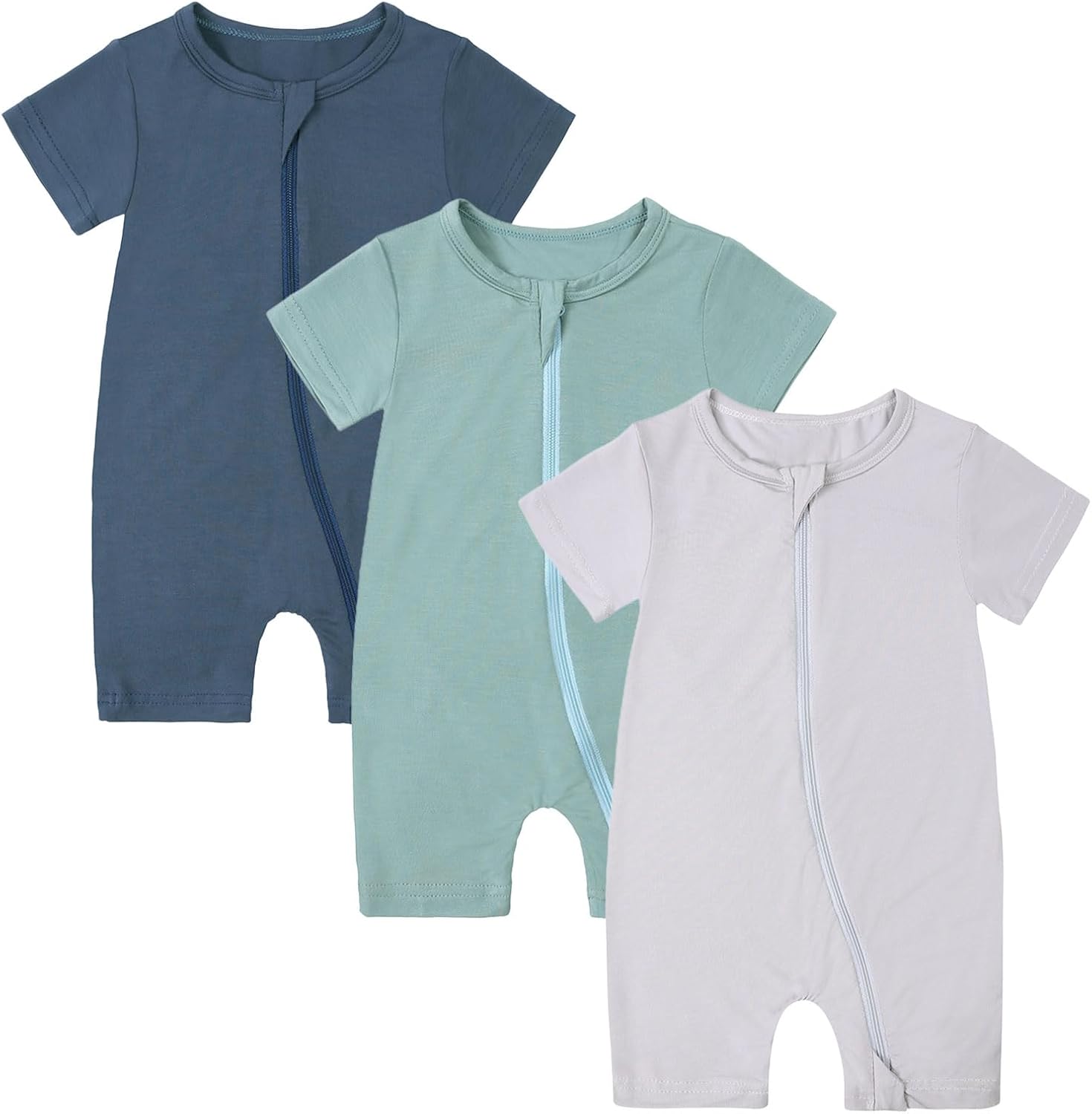 OPAWO Bamboo Baby Pajamas 3 Pack, Double Zipper Bamboo Sleepers for Baby Boy Girl Romper, Toddler Summer Clothes Outfit 0-24M