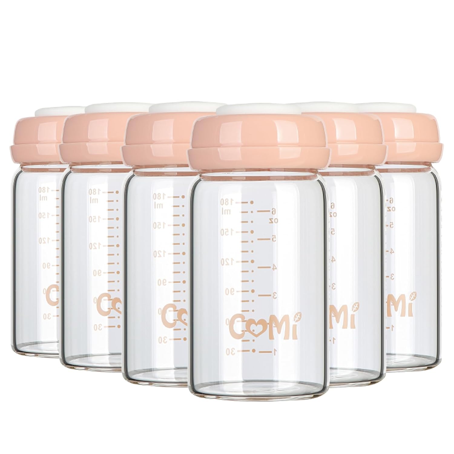 COMI Wide Neck Glass Breastmilk Collection n Storage Bottle, 6oz with Screw Ring Sealing Disk; Re-markable Sealing Disc. BPA Free, Fits Breast Pumps & Nipples (Pink Lids)