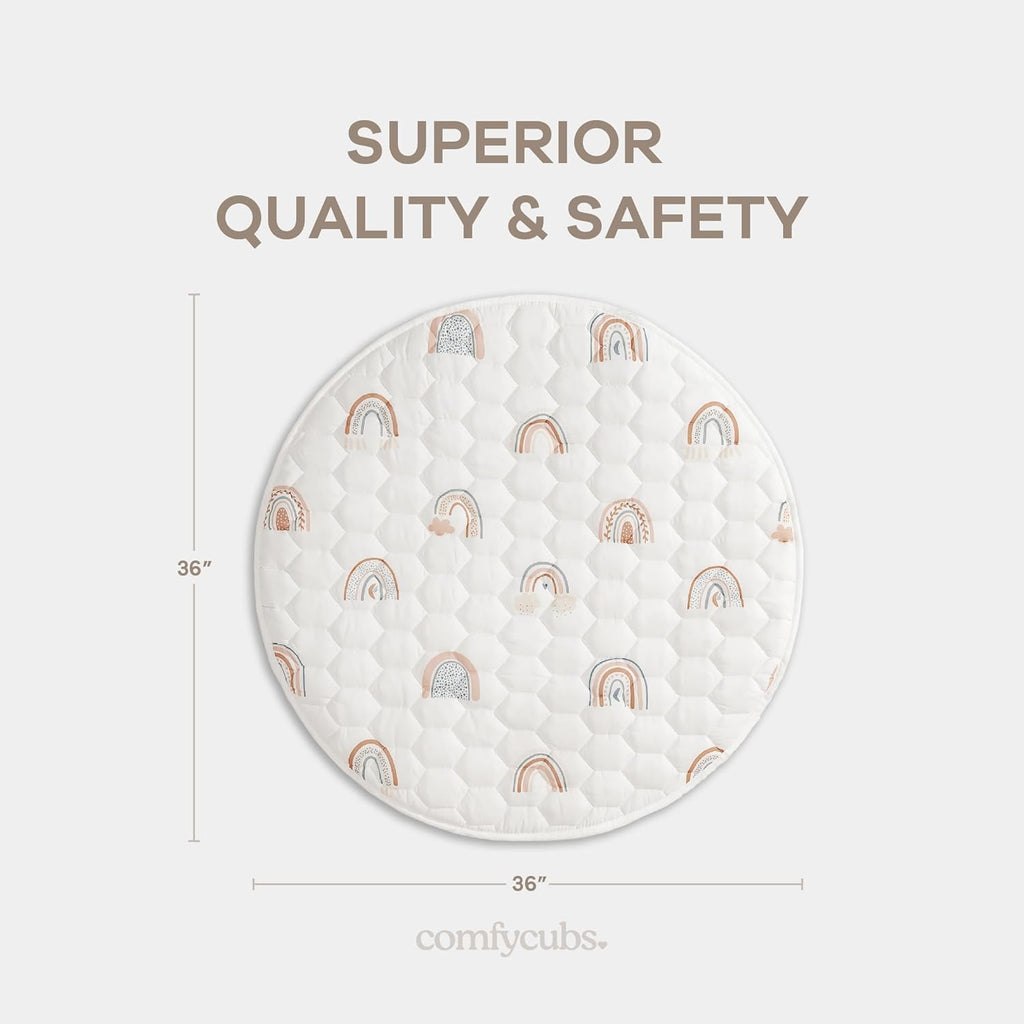 Comfy Cubs Round Kids Play Mat -Small 36 inches Soft Quilted Baby Floor Mat with Non-Slip Bottom - Plush Design for Toddlers' Playtime and Relaxation - Comfortable and Durable - Rainbow