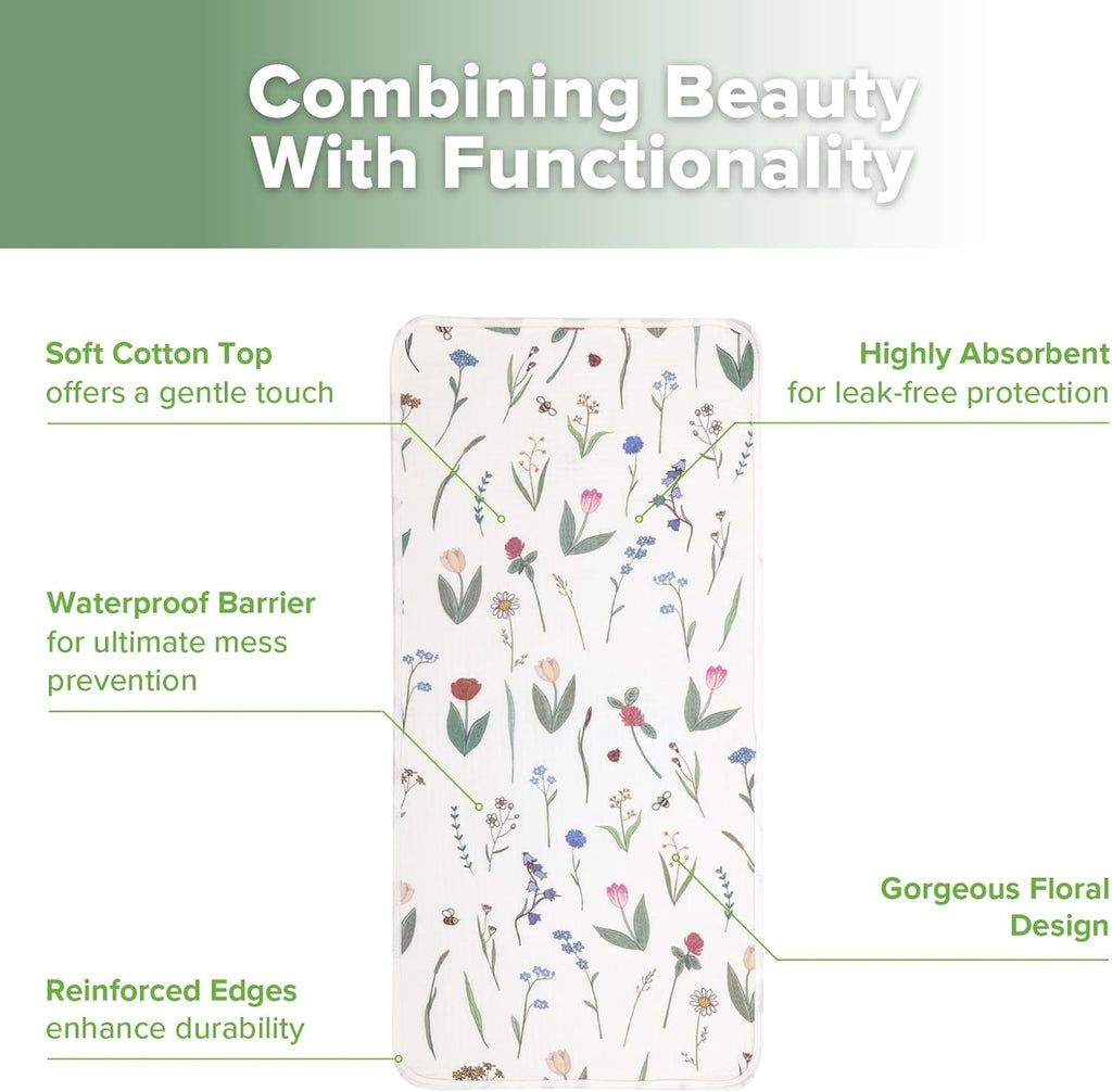 haakaa Waterproof Changing Pad Liners, 100% Cotton, Soft & Breathable (2pcs, 13" x 27.5" Honey Blossom+Vintage Garden)