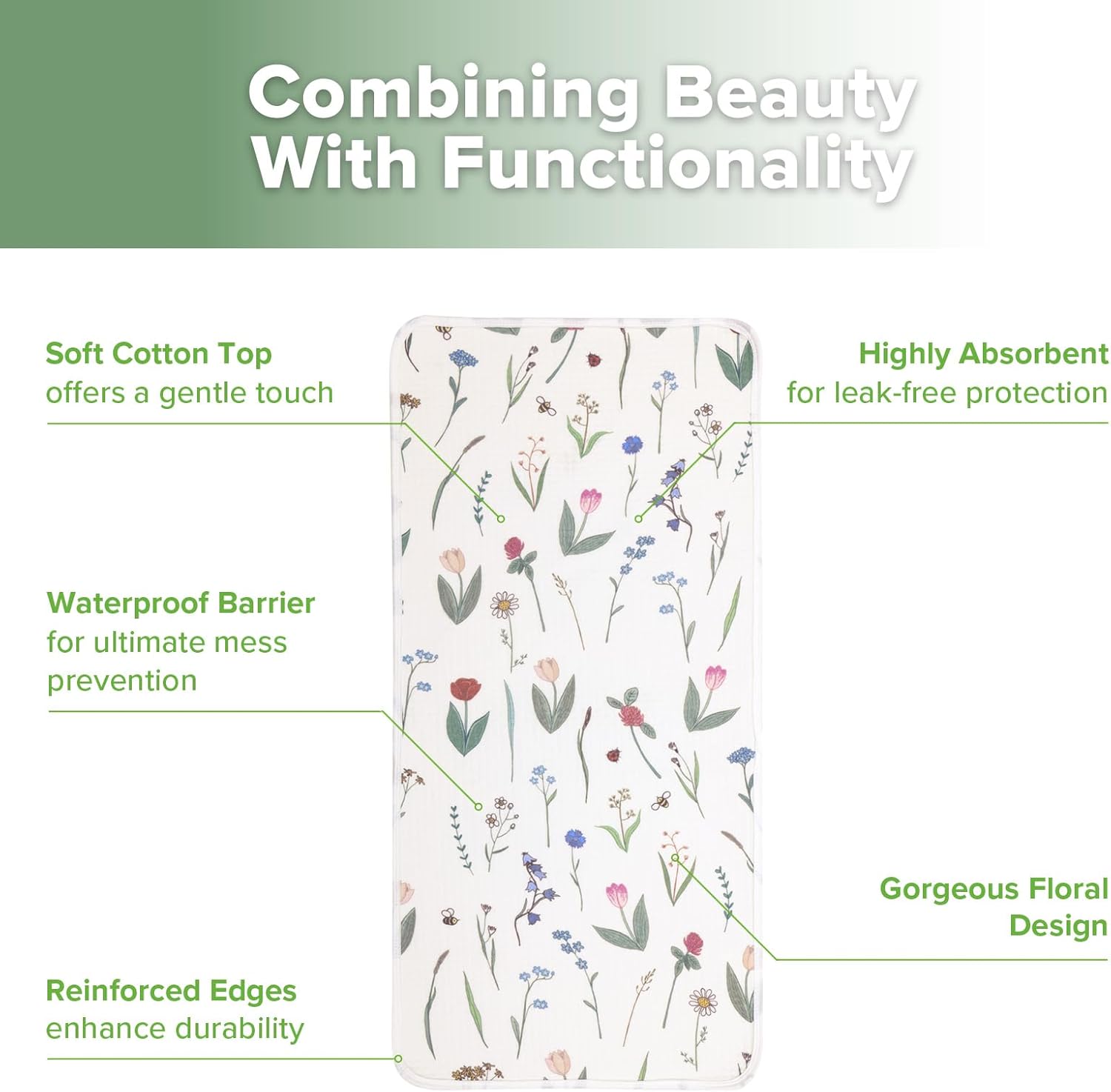 haakaa Waterproof Changing Pad Liners, 100% Cotton, Soft & Breathable (2pcs, 13" x 27.5" Honey Blossom+Vintage Garden)