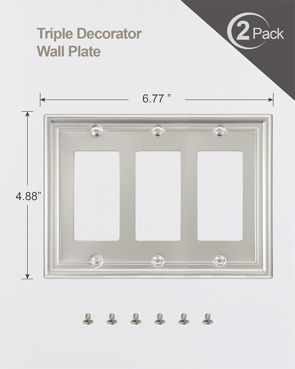 2-Pack Triple Decorator Wall Plate, 3 Gang Wall Plate for GFCI Outlet, Dimmer Switch, Receptacle Cover, Satin Nickel, 6.77 * 4.88, Midsize