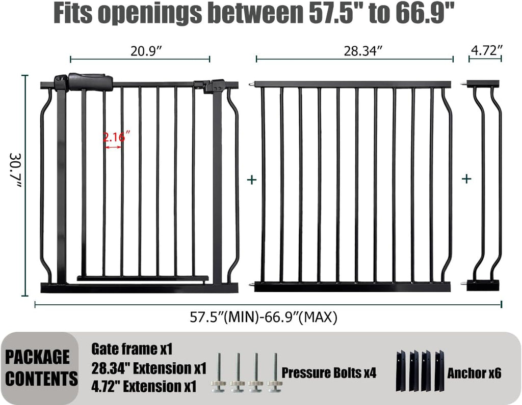 Extra Wide Baby Gate 62-67 Inch, Pressure Mounted Safety Child & Pet Gate - Black Metal - Large Walk Through - Long - for House Doorways & Stairs, 30 Inch Tall