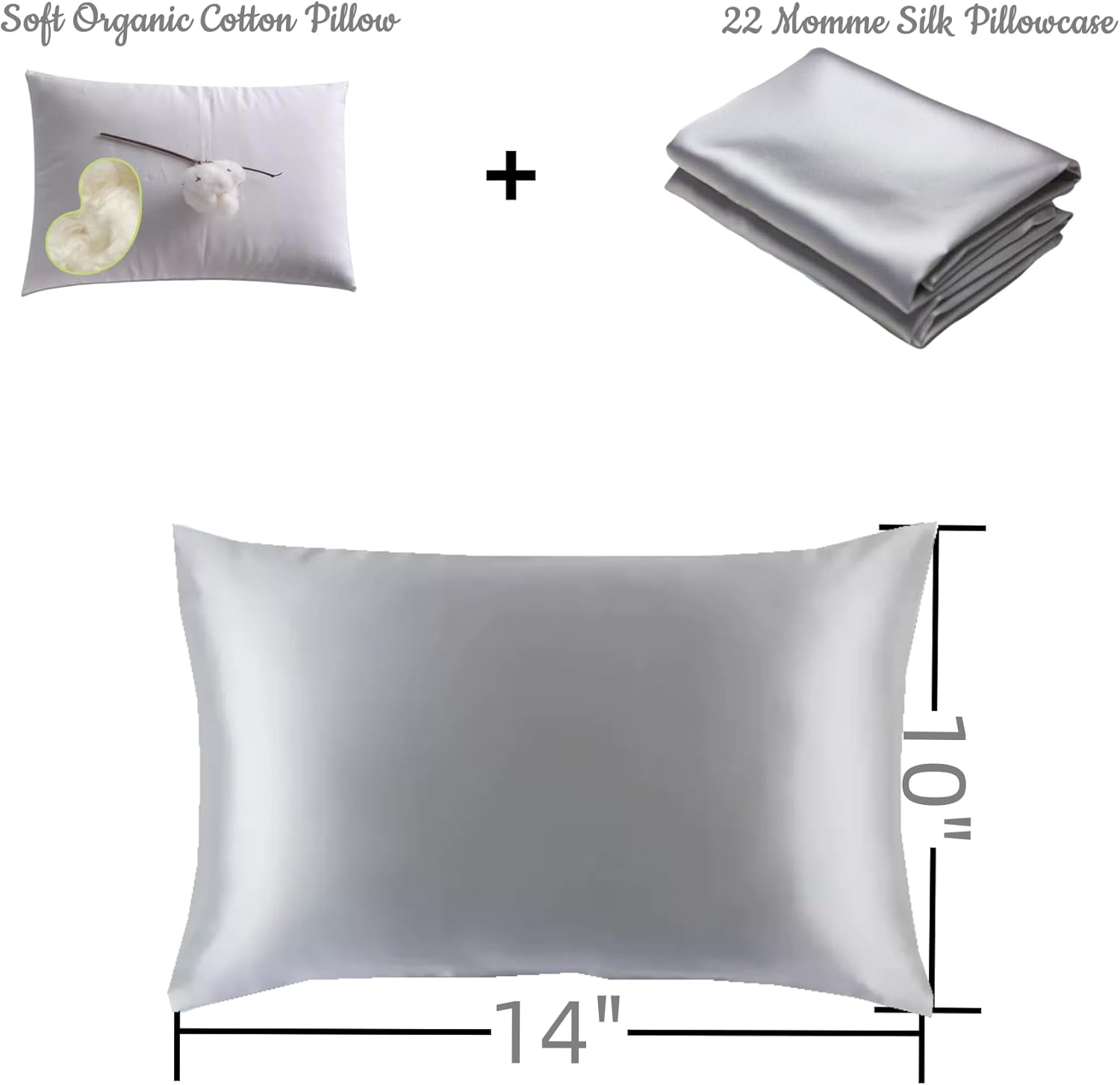 Organic Silk Baby Pillowcase with Zipper, Small 10"x13" Pillow Cover for Boys & Girls, Ideal for Bed & Travel, Soft for Kids Hair & Skin, Hypoallergenic Pillowcases for Toddlers (Grey+Pillow)