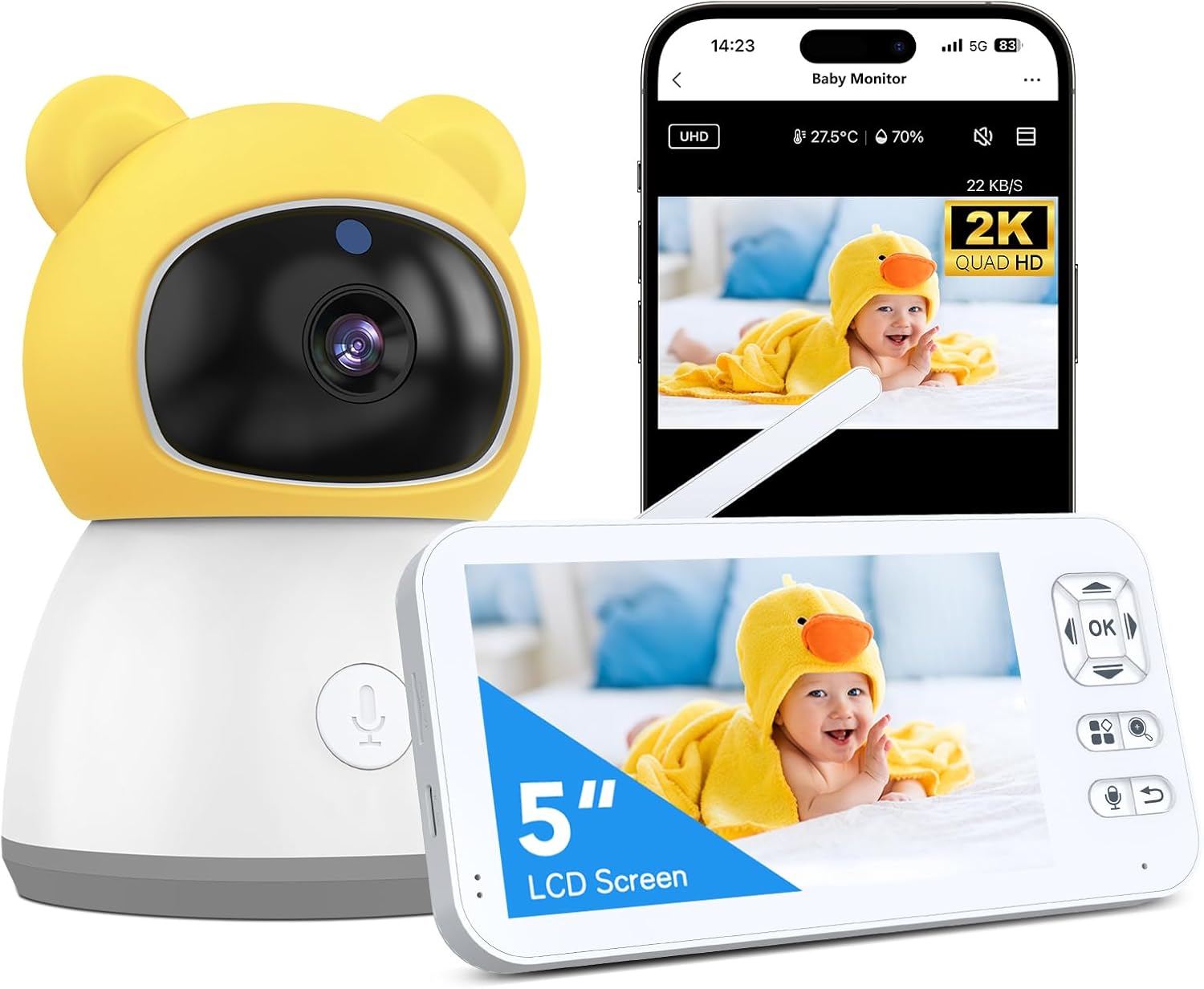 Baby Monitor with Camera and Audio, 2K HD Smart Video Baby Camera WiFi 5" Screen, Night Vision, Temp Humidity Sensor, 2 Way Talk, Lullaby, Sleep Mode, Cry Detection, 1000ft Range, App Control