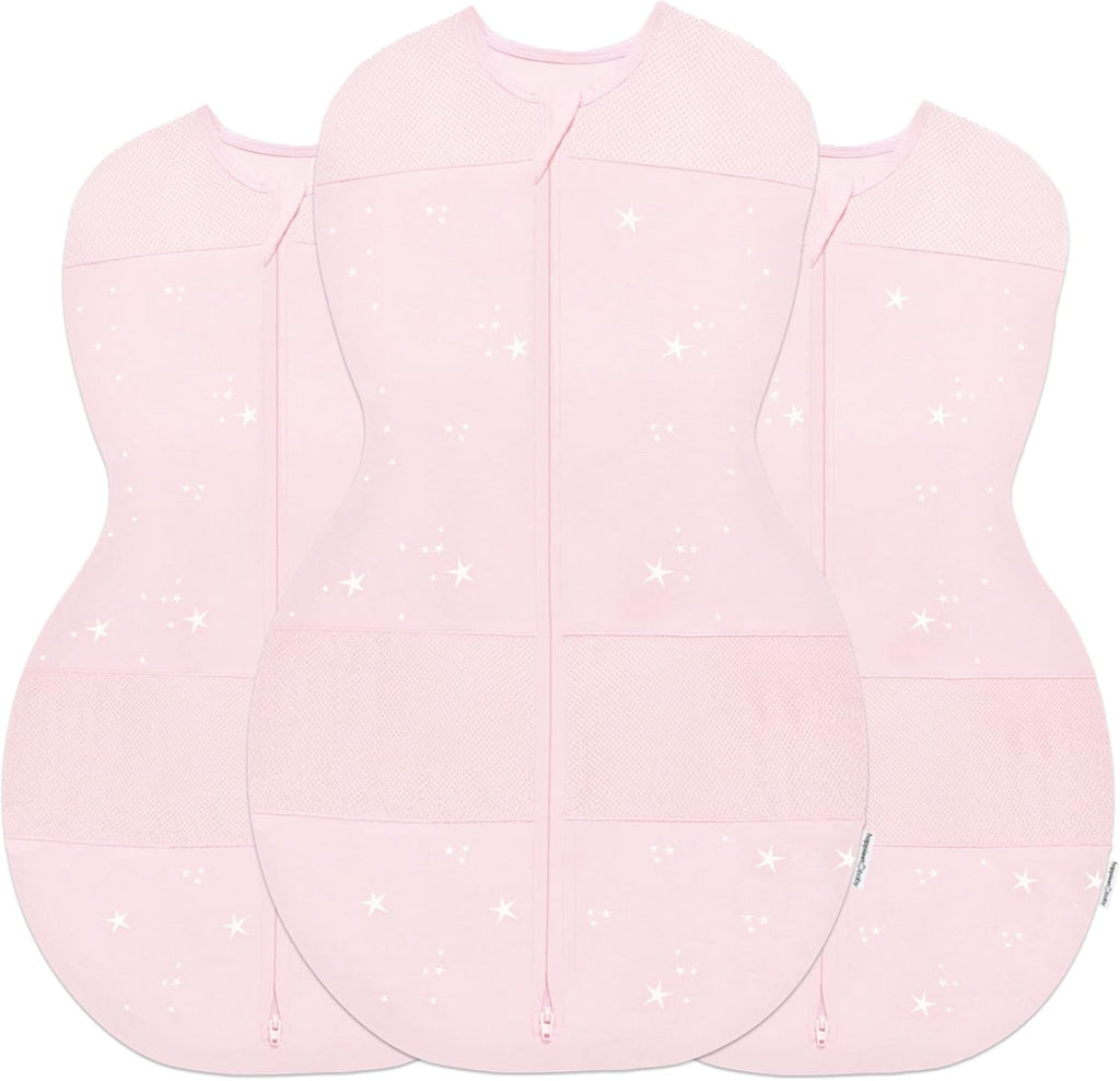 Happiest Baby Sleepea 5-Second Swaddle - 100% Organic Cotton Baby Swaddle Blanket - Doctor Designed Promotes Healthy Hip Development - 3-Pack Bundle (Rose Stars, S, M, L)