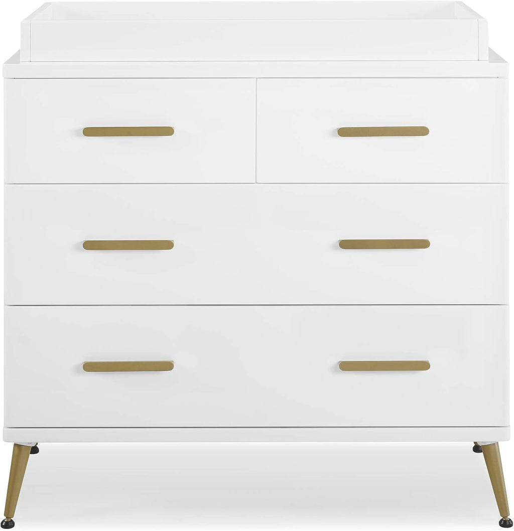 Delta Children Sloane Crib 7-Piece Baby Nursery Furniture Set–Includes: Convertible Crib, Dresser, Changing Top, Crib Mattress, Fitted Sheets, Toddler Guardrail & Changing Pad, White w/Melted Bronze