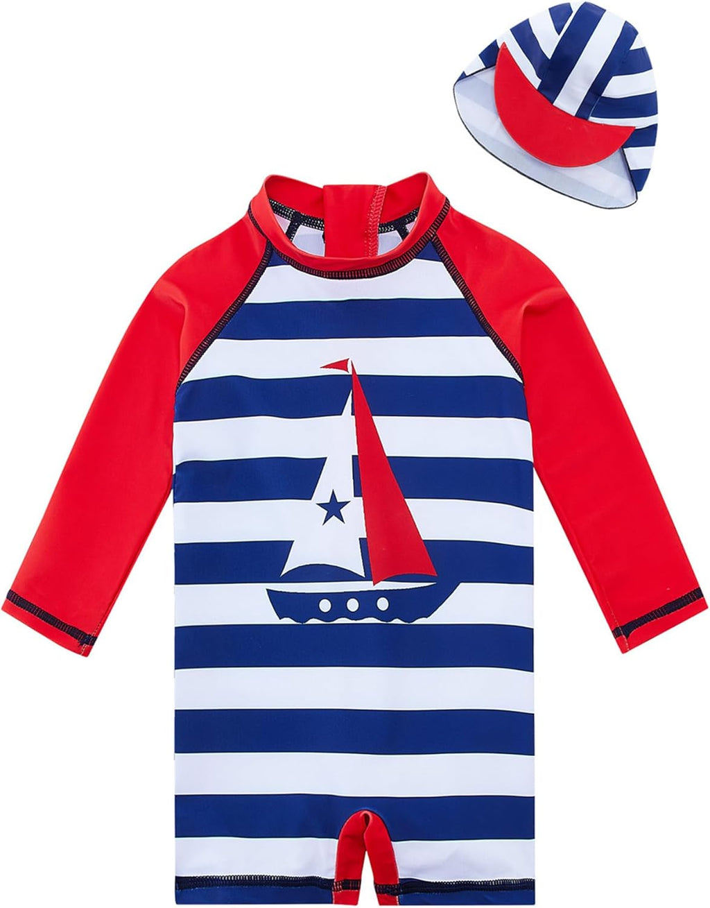 uideazone Baby Boys One Piece Swimsuit Long Sleeve UPF 50+ Rash Guard Bathing Suit Swimwear with Sun Hat 0-24 Months