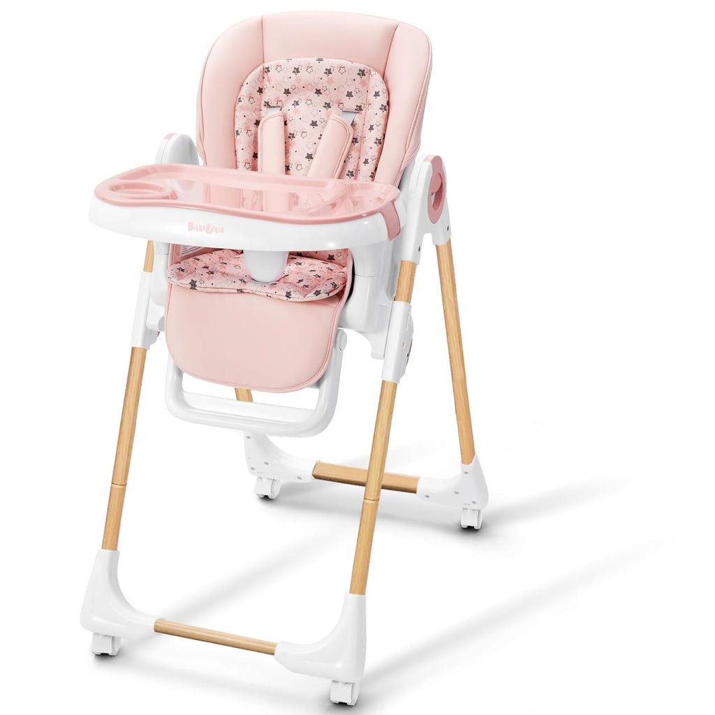 Foldable High Chair with Soft Cushion, High Chairs for Babies and Toddlers, Height Adjustable Feeding Chair, Adjustable Backrest and Footrest, Lockable Wheels, Woodgrain Star Pink