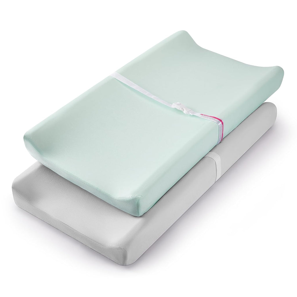 TILLYOU Changing Pad Cover Set in Soft Jersey Material - Fits 32"/34''x16 Contoured Pad for Babies, Lt Green & Lt Gray