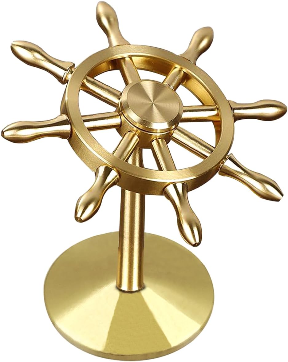 Brass Spinner Ship Wheel, Kinetic Desk Toy Spin with Stand, High Speed Bearing Metal Hand Spinners Anxiety Finger Tabletop Toys Gyro （Small）