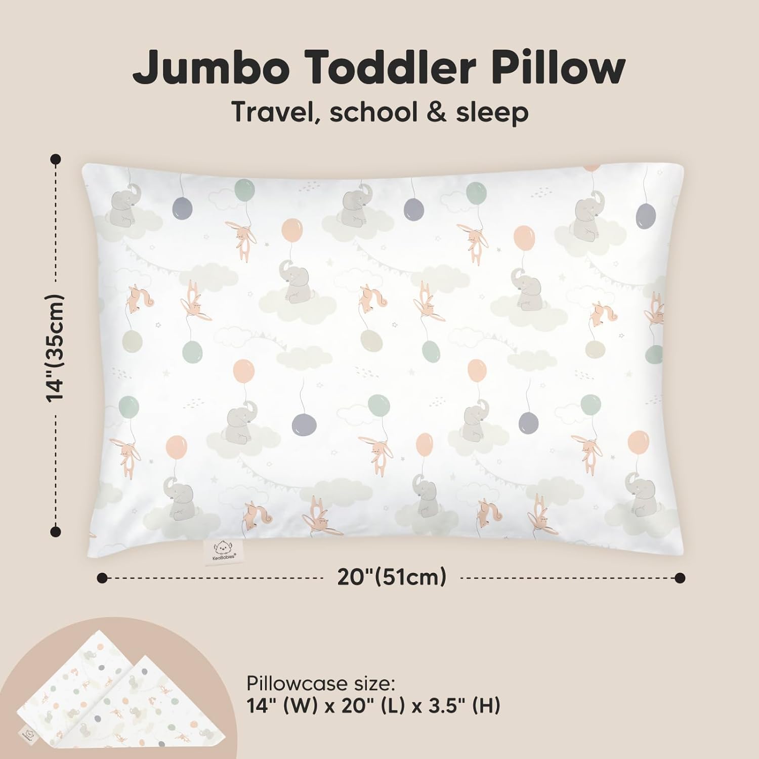 KeaBabies Toddler Pillow with Pillowcase, Jumbo 14X20 - Soft Organic Cotton Toddler Pillows for Sleeping - Machine Washable - Perfect for Travel, Toddler Bed Set (Escapade)