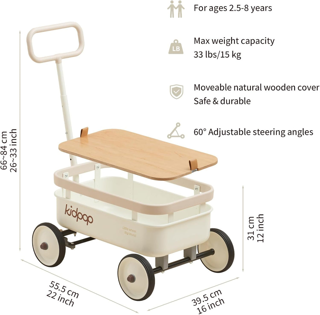 kidpop PULA-Wild 3-in-1 Kids' Pull-Along Wagon Toddlers Push Walker for 2.5-8, Removable Wooden Cover and Adjustable Handlebar, Birthday Gifts Max Weight 33 lbs (White)