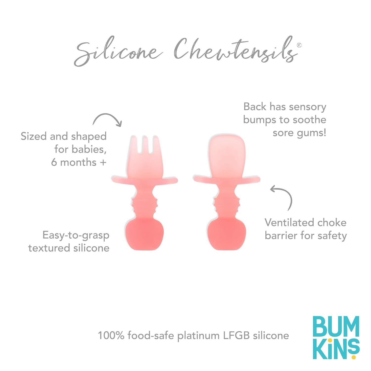 Bumkins Baby Utensils Set, Chewtensils Silicone Spoons for Dipping, Self-Feeding, Baby Led Weaning, Trainer Learning, First Stage Eating, Soft Practice Fork and Spoon, Babies 6 Months, Pink Jelly