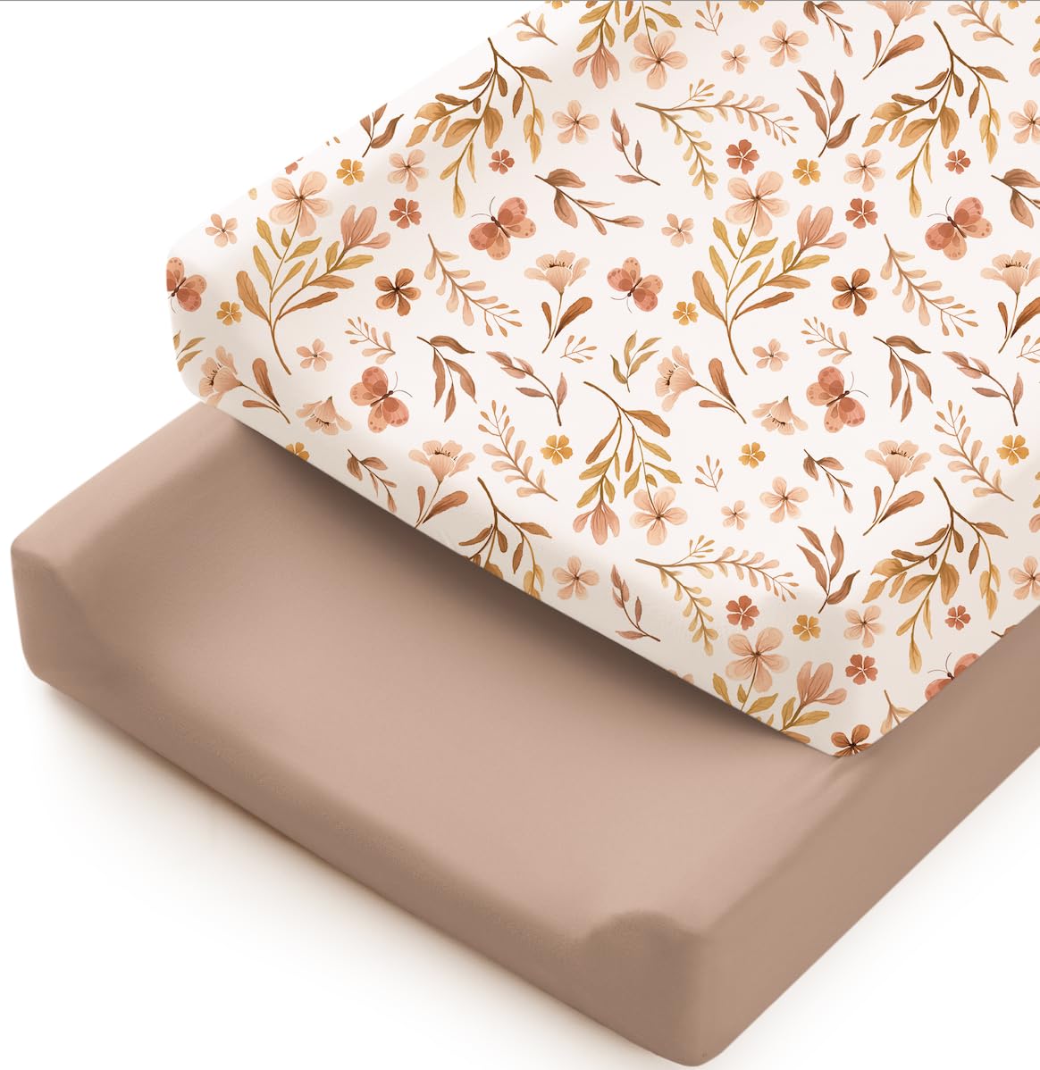 Konssy 2 Pack Stretchy Changing Pad Covers for Girl, Boy, Silky Soft Changing Table Cover, Breathable Baby Nursery Diaper Chang Pad Sheets (Autumn Bloom,Clay)