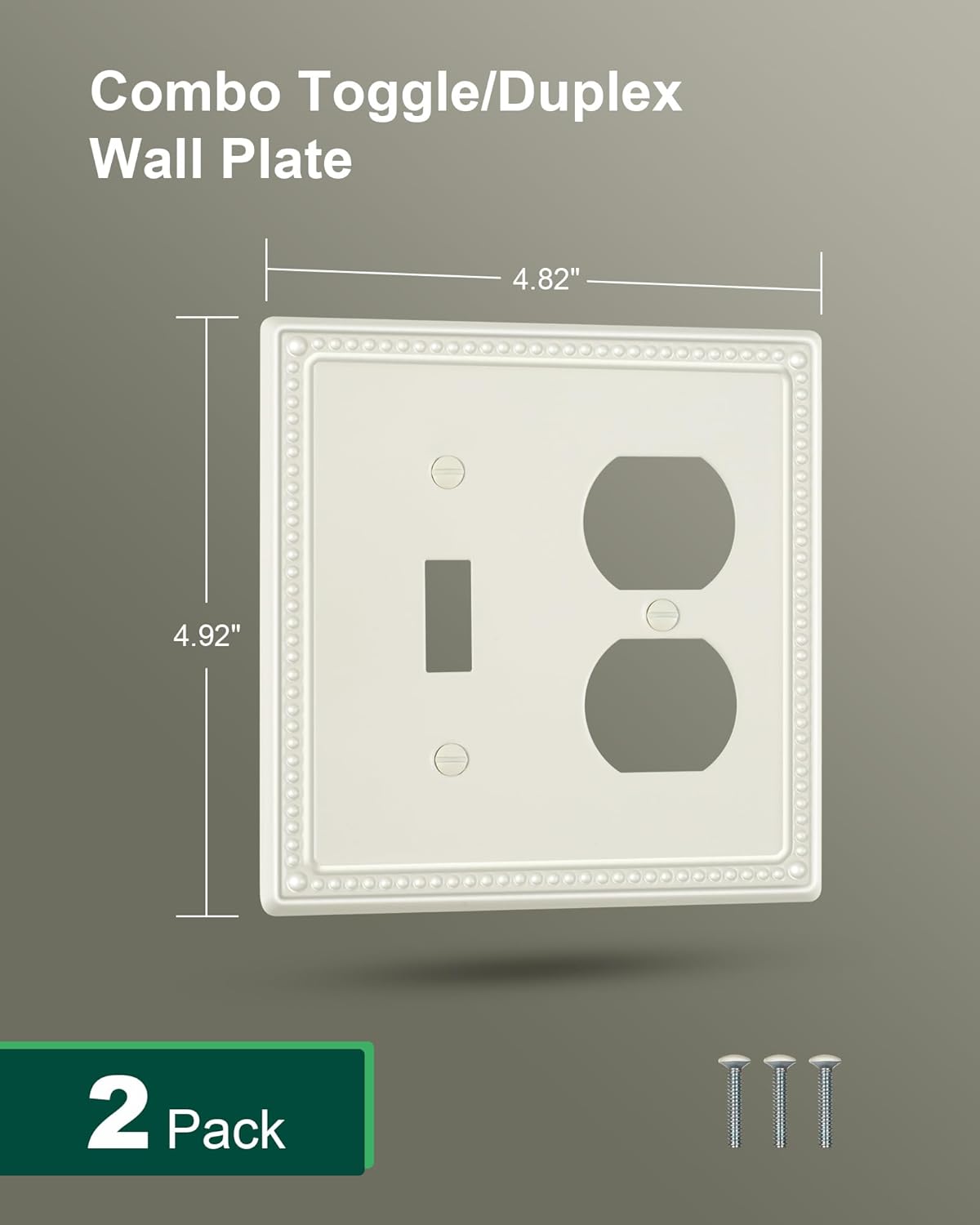 2-Pack Combo Toggle/Duplex Light Switch Cover Plate, Light Almond Metal Wall Outlet Cover Plate, Decorative Classic Beaded Wall Socket Receptacle Cover for Electrical Outlets, Light Switch