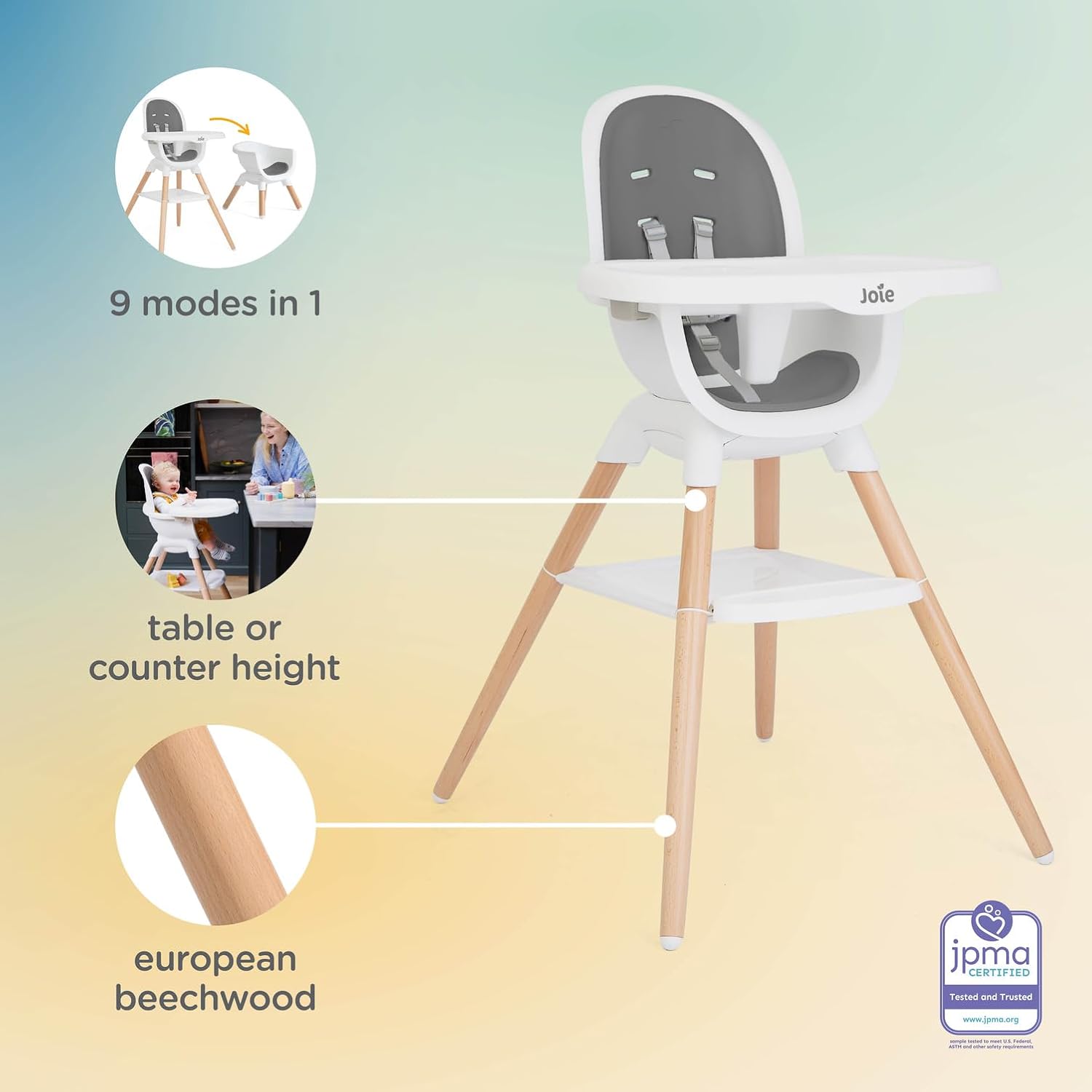 Joie Chai Multi-Mode Highchair - European Beech Wood, Convertible, 9+ Modes, Birth up to 60 lb. (Shadow)