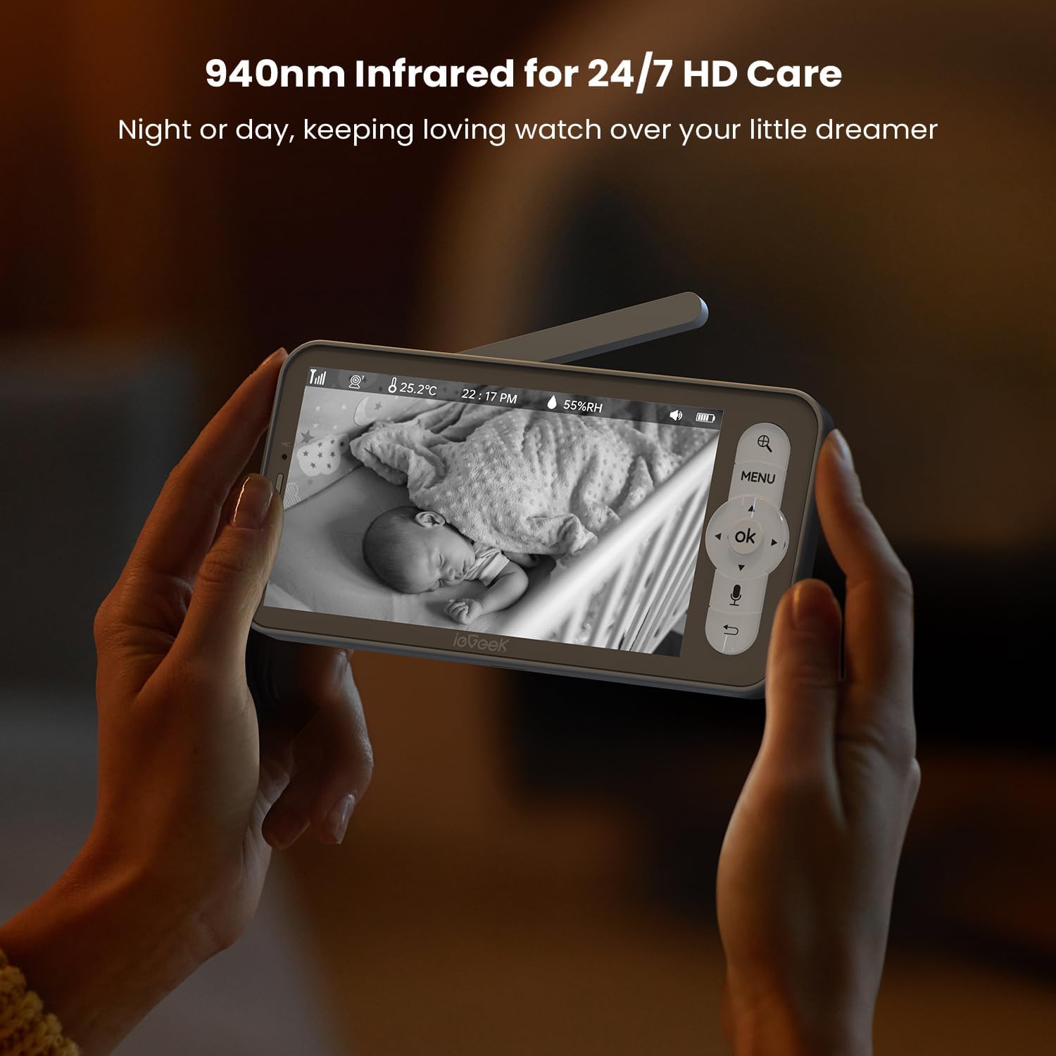 ieGeek Baby Monitor with 2K Camera and Audio - Video Monitor with 5" Screen - Night Vision, Two-Way Talk, Cry & Motion Detection, Temper& Humidity Sensor, PTZ, Remote Control via Screen and Free APP