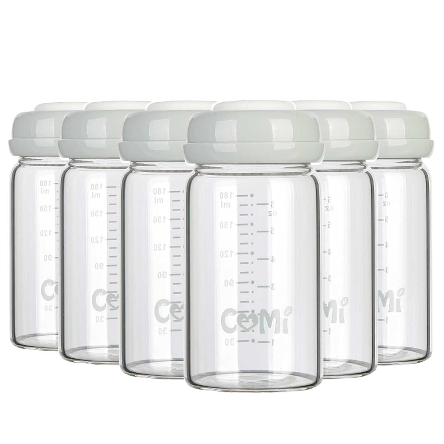 COMI Wide Neck Glass Breastmilk Collection n Storage Bottle, 6oz with Screw Ring Sealing Disk; Re-markable Sealing Disc. BPA Free, Fits Breast Pumps & Nipples (Gray Lids)