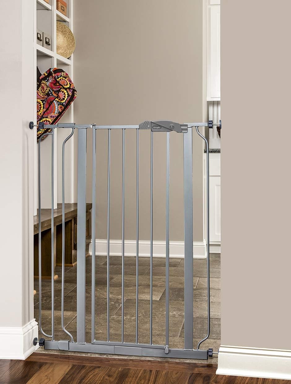 Regalo Easy Step Extra Tall Walk Thru Baby Gate, Bonus Kit, Includes 4-Inch Extension Kit, 1 Pack of Pressure Mount Kit and Wall Mount Kit, Platinum