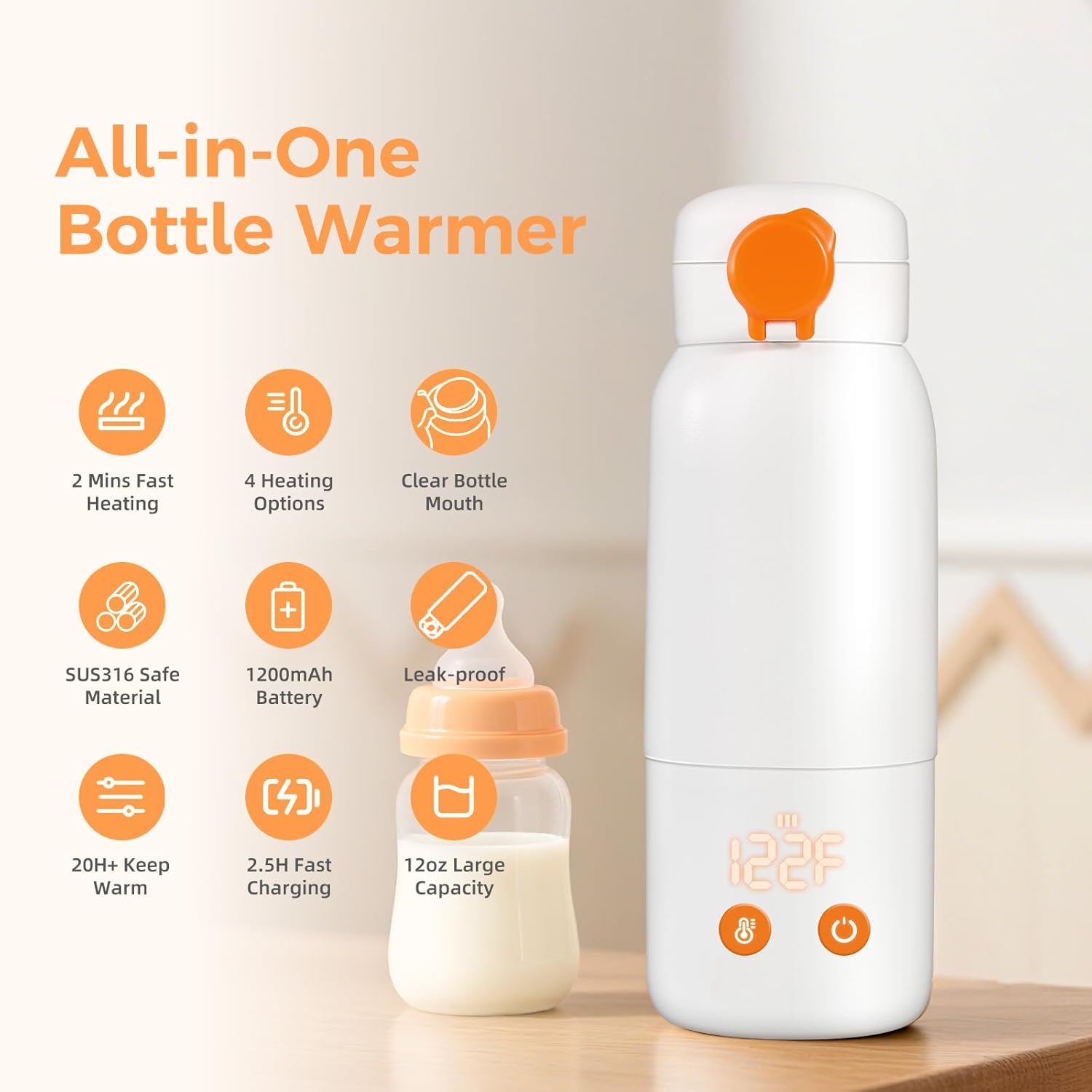 Portable Bottle Warmer for Travel, 12oz Large Capacity Fast Heating Breast Milk, Water & Formula On The Go Baby Bottle Warmer Accurate Temp Control with 4 Levels Long Battery Life for Car & Airplane