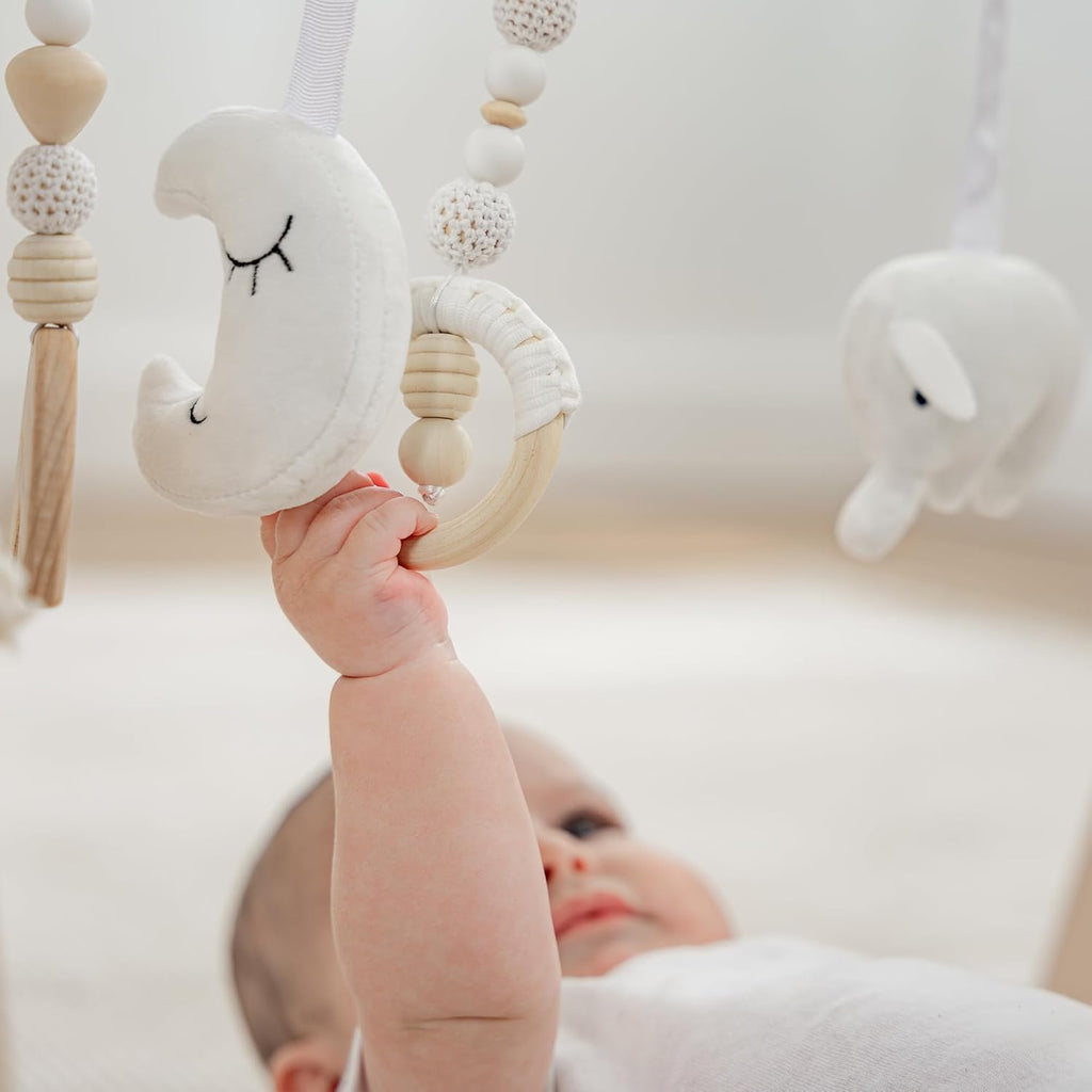 Comfy Cubs Wooden Baby Play Gym - Natural Finish Pinewood Baby Activity Gym with 5 Sensory Hanging Toys - Easy No-Tool Assembly, Safe and Durable for Infant Motor and Visual Development - Pacific Blue