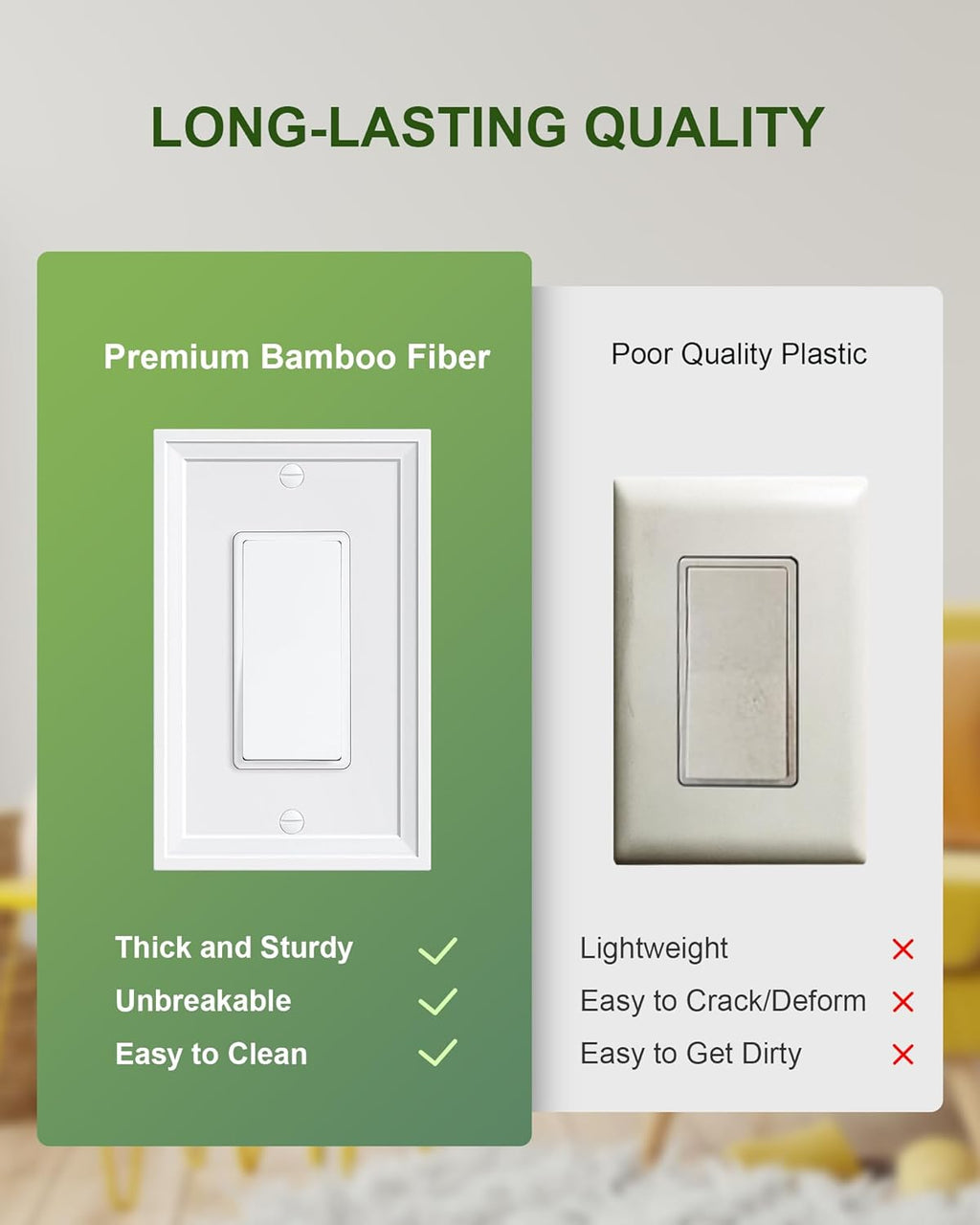 4-Pack Decorator Outlet Cover Plate, White Decorative Switch Plates and Outlet Covers, Natural Bamboo Fiber Wall Plates for Electrical Outlets, Receptacle, GFCI Outlet, Dimmer Switch