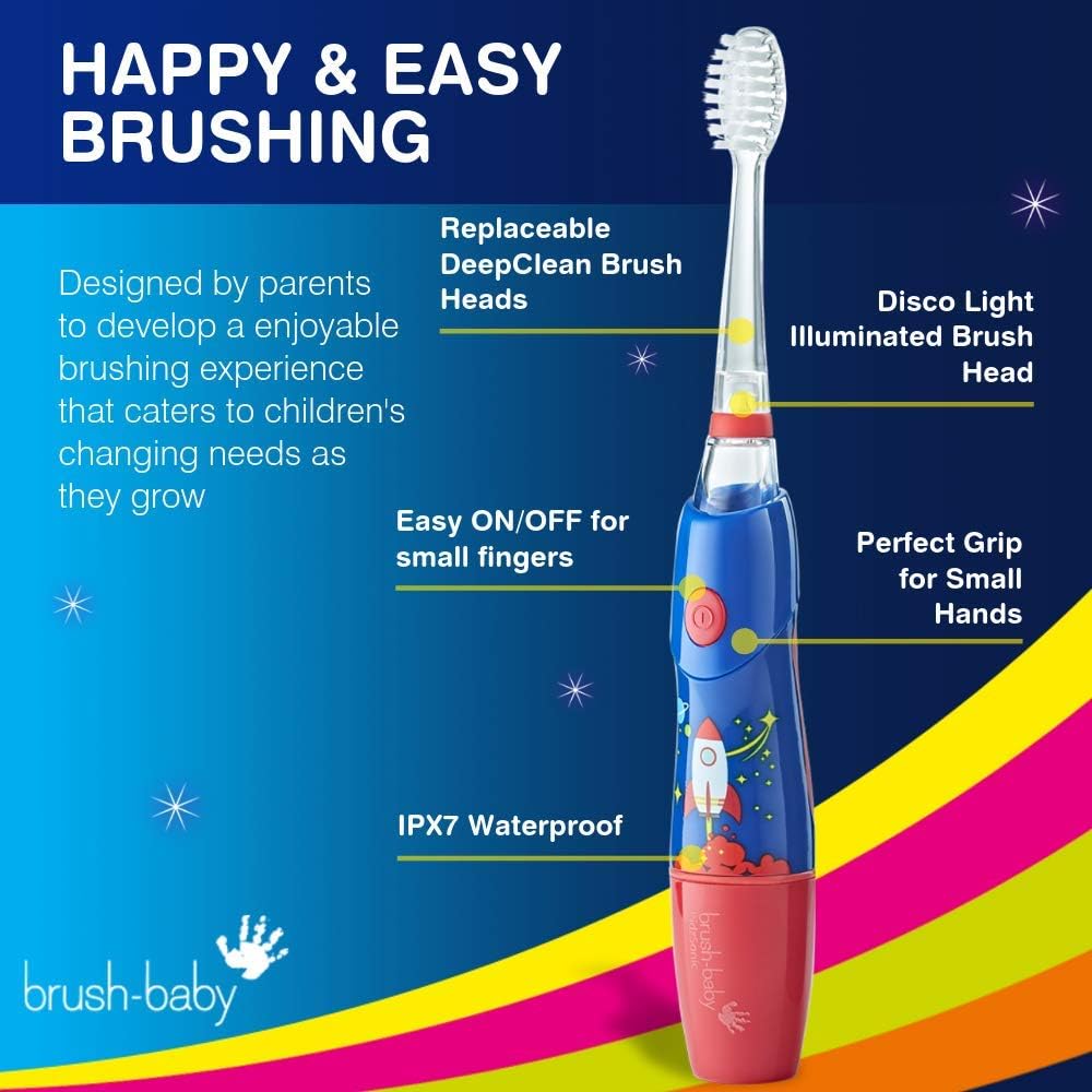 B07YVKSLHYBrush‑Baby - KidzSonic Rocket Kids Electric Toothbrush for Ages 3+ with Disco LED Lights, Gentle Sonic Vibrations, 2-Minute Smart Timer & 30‑Second Pulse Reminders – AAA Battery Included