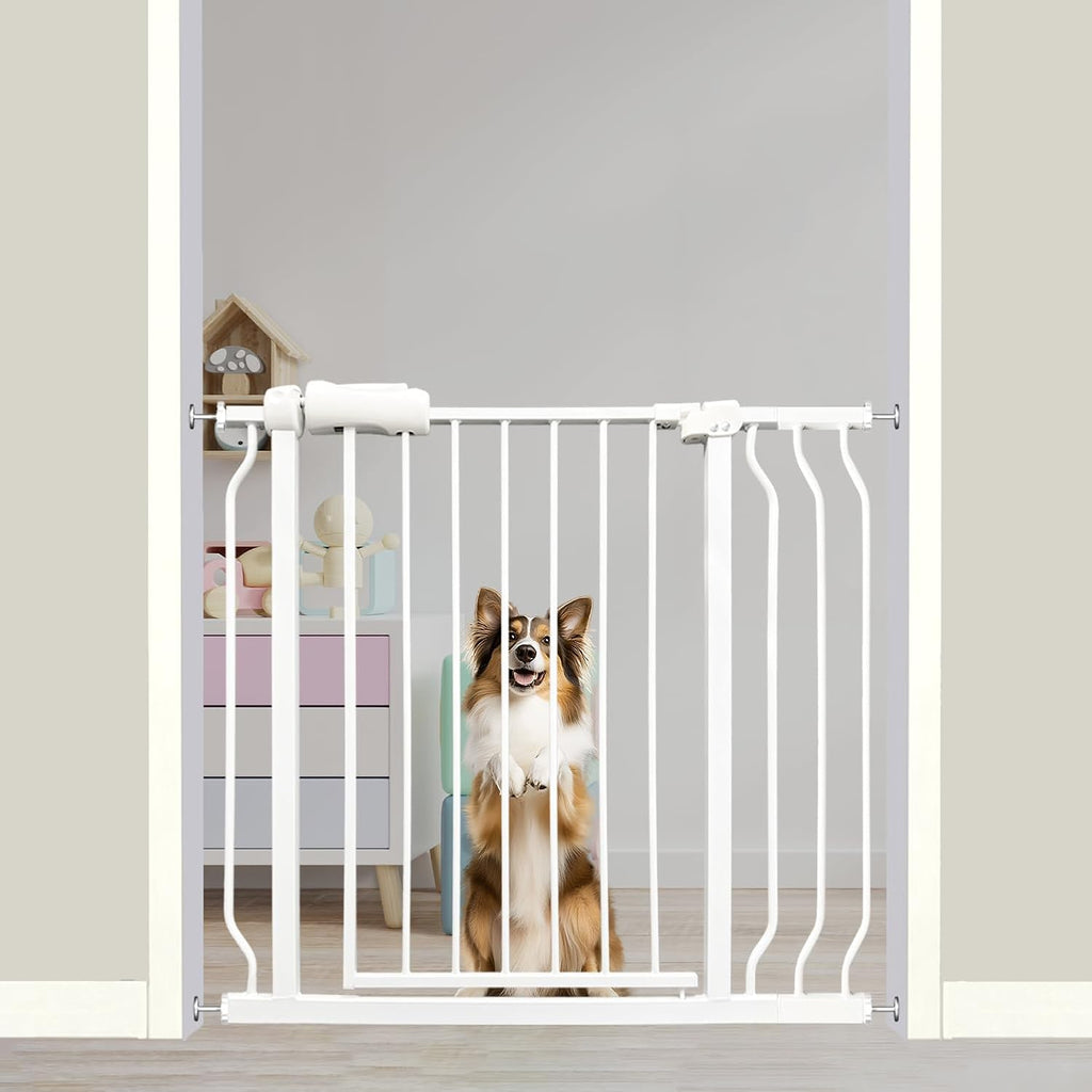Auto Close Baby & Dog Gate 34-38.5 Inch, Tension Safety Gate Indoor, White Metal, Walk-Through Child Gate for Kids & Pets