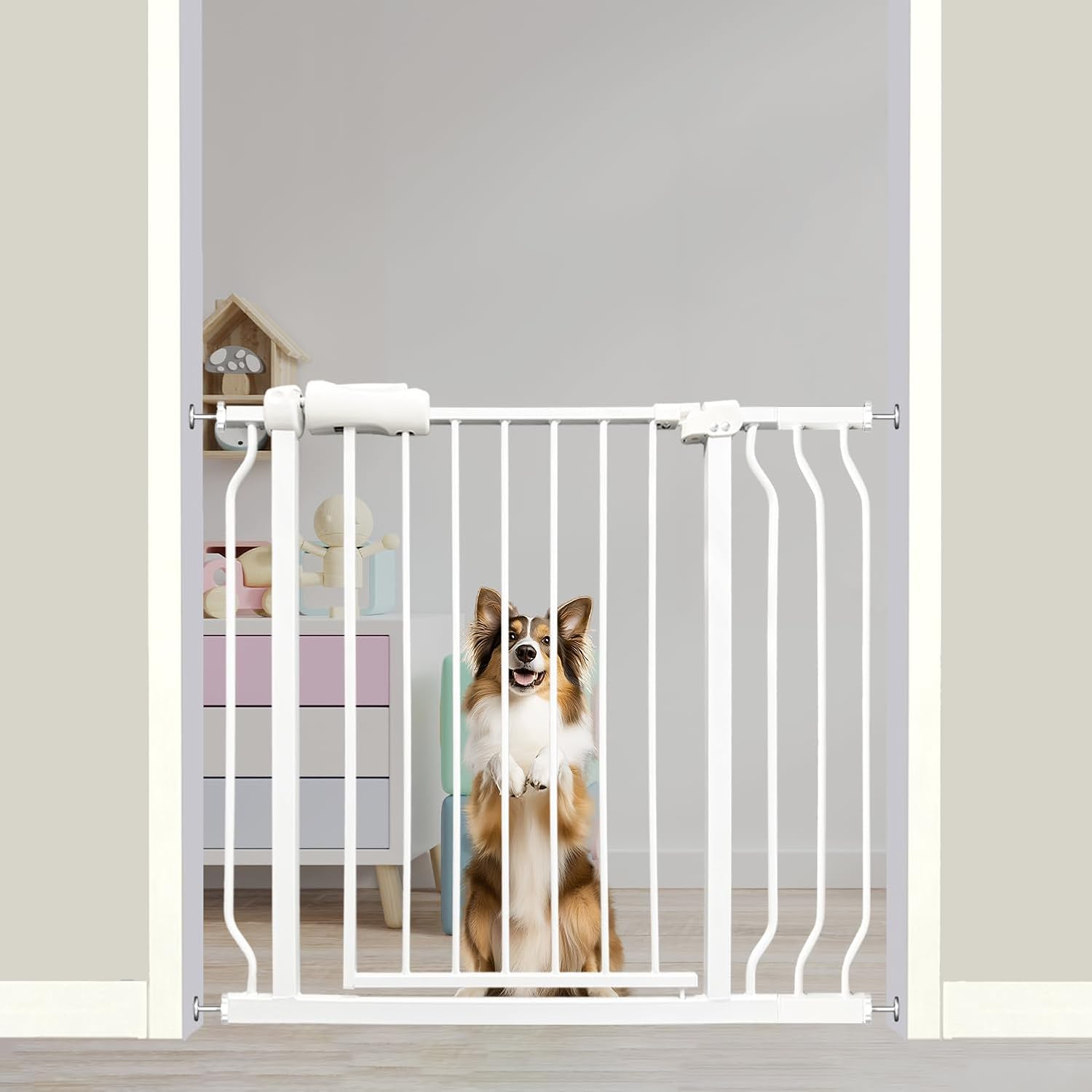 Auto Close Baby & Dog Gate 34-38.5 Inch, Tension Safety Gate Indoor, White Metal, Walk-Through Child Gate for Kids & Pets