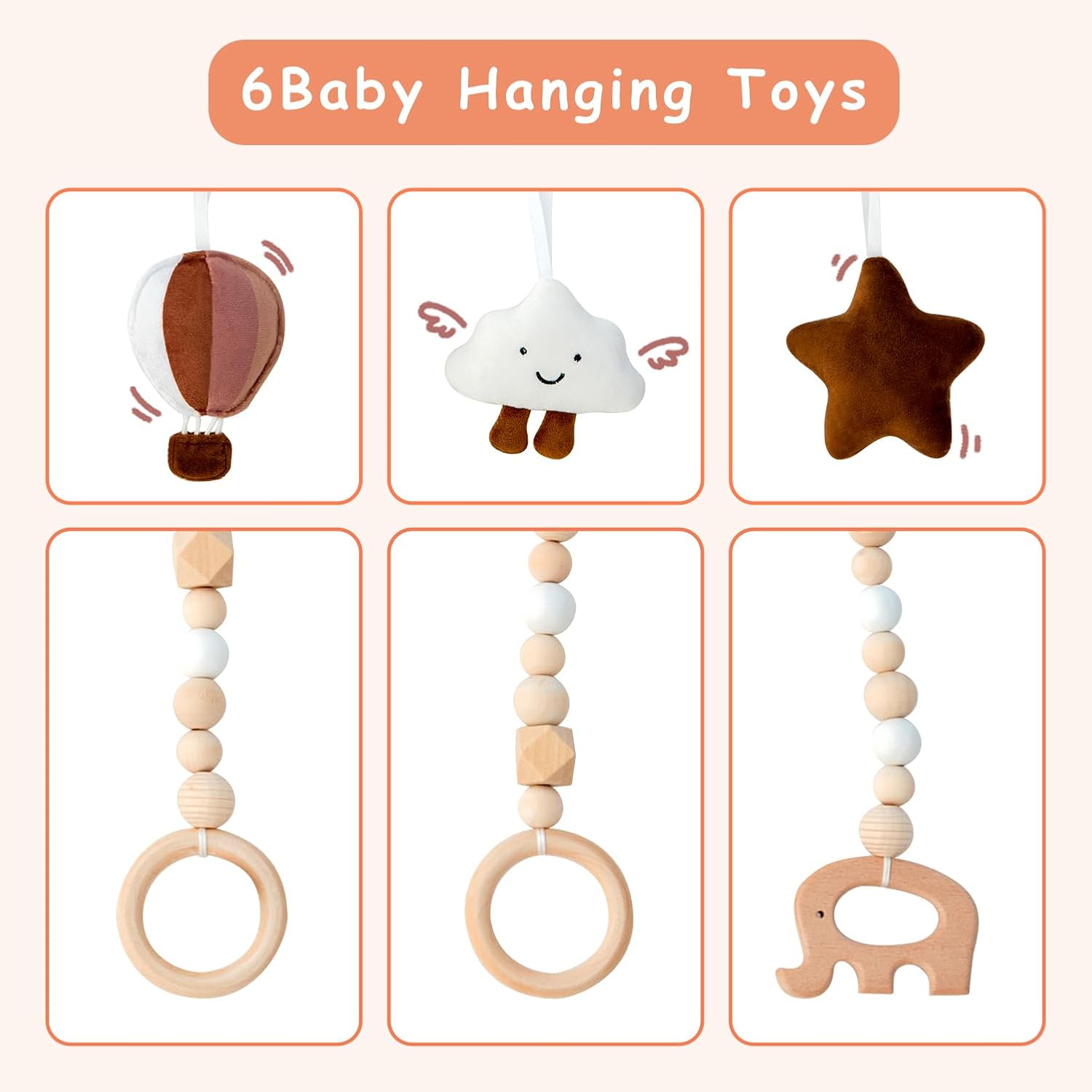 Razee Wooden Baby Play Gym Play Mat, Foldable Baby Gym with 6 Hanging Sensory Toys for Newborn Shower Gift
