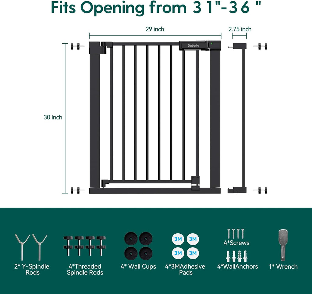 BABELIO Baby Gate for Doorways and Stairs, 31-36" Pet Gate with Wide Walk Thru Door and Lock Indicator, No Drill Pressure Mounted Safety Gate with Double Lock and Self-Closing, Black