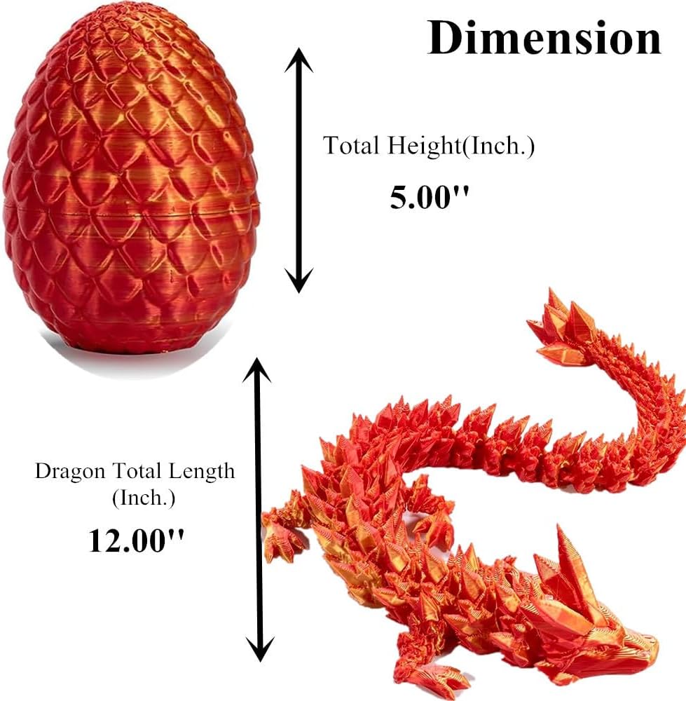 Easter Egg Dragon Egg 12In Dragon Toy 3D Printed Dragon Fidget Toys 3D Printed Dragon Egg with Articulated Dragon Inside Fidget Toys for Autism/ADHD (Red Mix Gold)