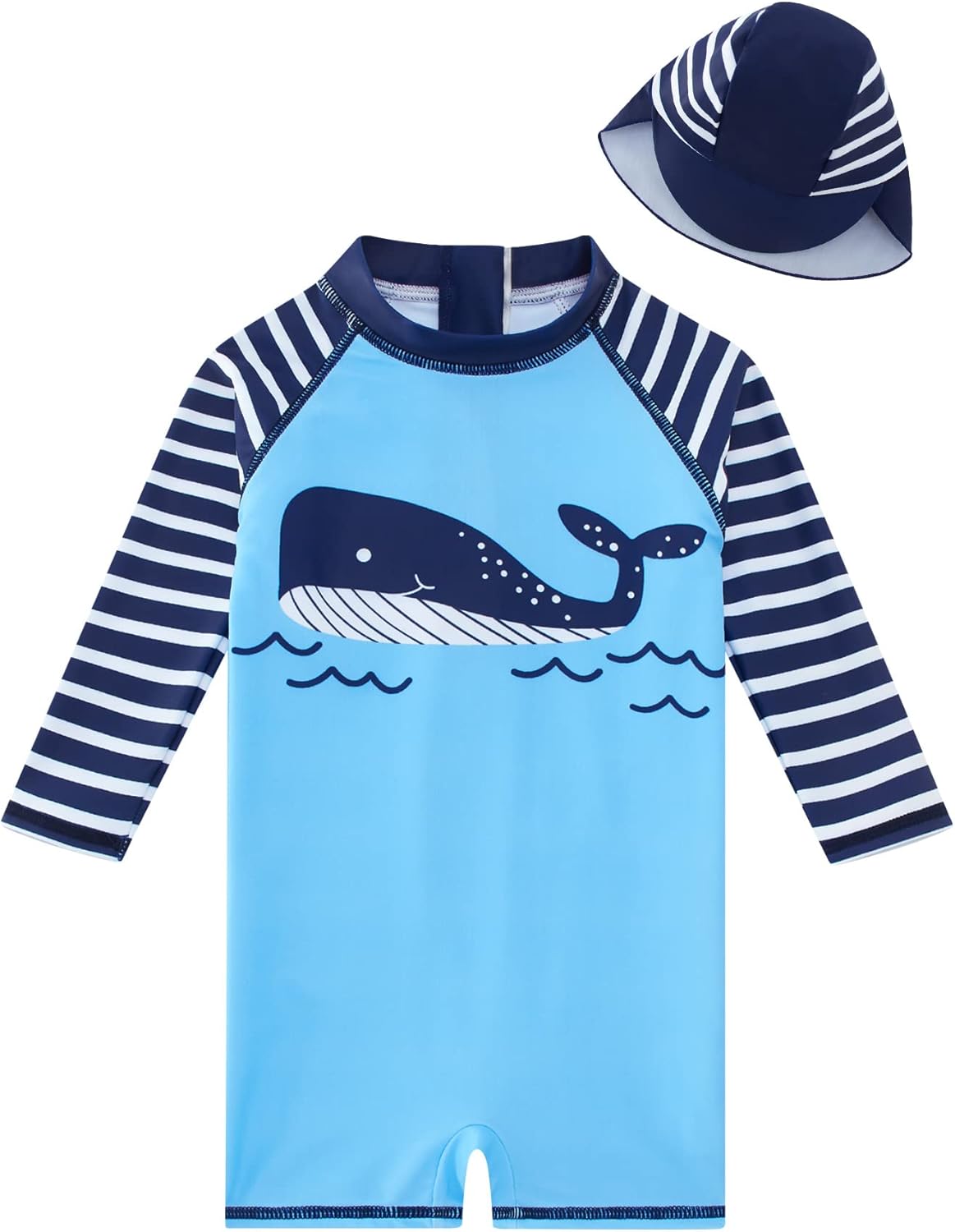 uideazone Baby Boys One Piece Swimsuit Long Sleeve UPF 50+ Rash Guard Bathing Suit Swimwear with Sun Hat 0-24 Months