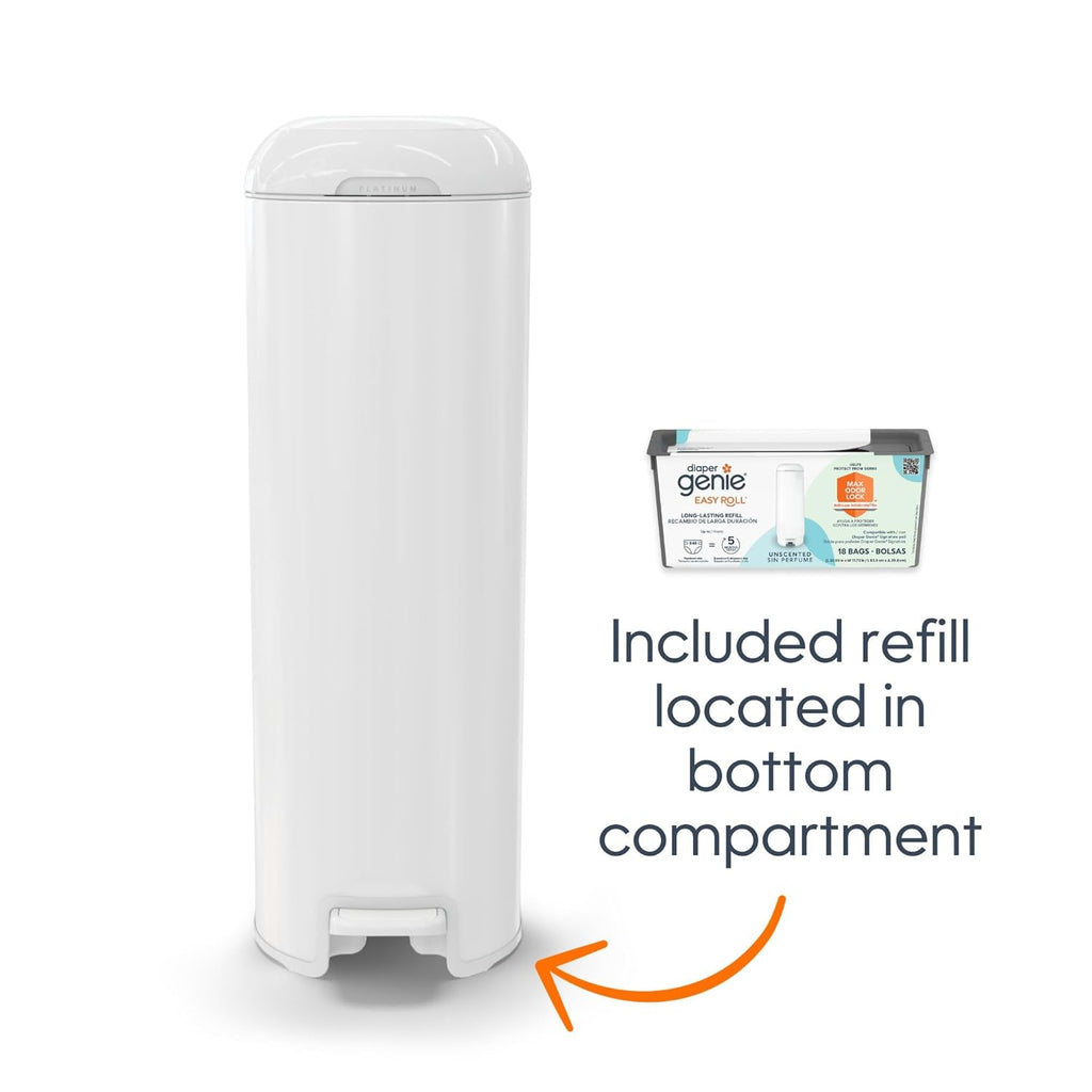 Diaper Genie Platinum Pail (Sage Green) is Made in Durable Stainless Steel and Includes 1 Easy Roll Refill with 18 Bags That can Last up to 5 Months.