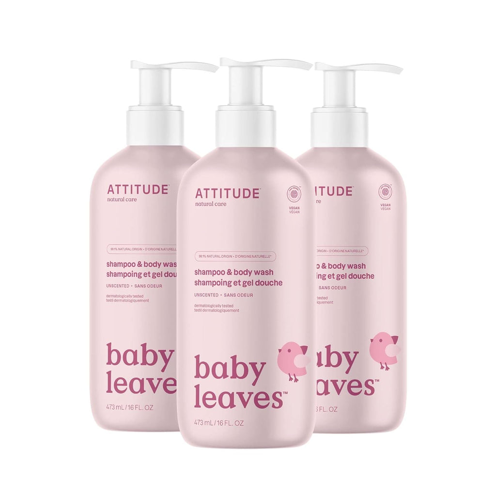 ATTITUDE 2-in-1 Shampoo and Body Wash for Baby, EWG Verified, Dermatologically Tested, Vegan, Unscented, 16 Fl Oz (Pack of 3)