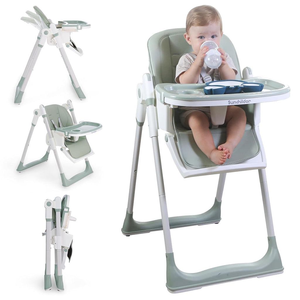 3 in 1 Baby High Chair with Wheels, Adjustable 5 Point Harness, Tray, Foot Rest, Backrest and Seat Height, Foldable High Chair for Toddlers, Green