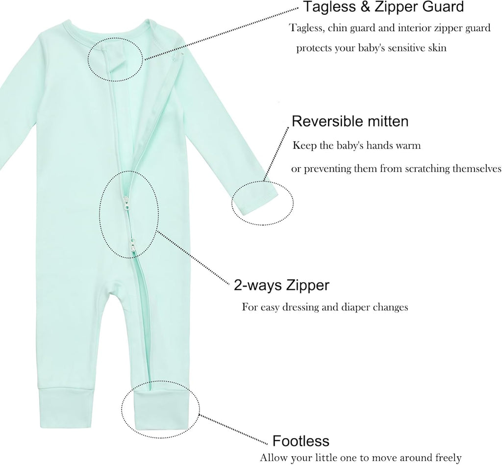 Aablexema 3-Pack Organic Cotton Baby Footless Pajamas with Mitten Cuffs, 2-Way Zipper Romper Sleepers