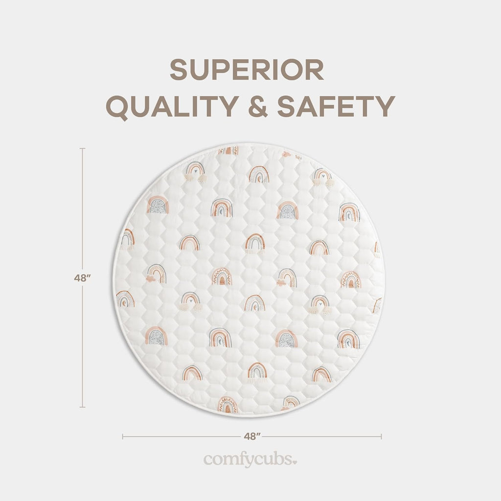 Comfy Cubs Round Kids Play Mat - Medium 48 inches Soft Quilted Baby Floor Mat with Non-Slip Bottom - Plush Design for Toddlers' Playtime and Relaxation - Comfortable and Durable - Rainbow