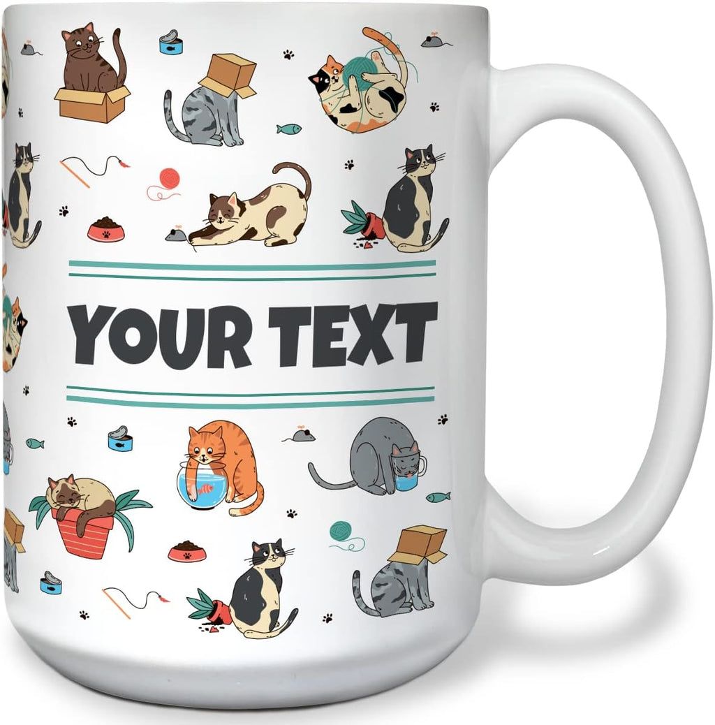 Personalized Mug for Kids - Cats - Custom Name/Text, Ceramic Hot Chocolate/Cocoa/Coffee Cup for Boys/Girls, Birthday/Christmas/Holiday Gift - 15 oz, White Handle